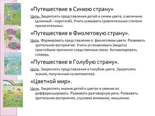 «Путешествие в Синюю страну»
Цель. Закреплять представления детей о синем цвете, о величине
(длинный – короткий). Учить усваивать сравнительные степени
прилагательных.
«Путешествие в Фиолетовую страну».
Цель. Формировать представление о фиолетовом цвете. Развивать
зрительное восприятие. Учить устанавливать (видеть)
простейшие причинно-следственные связи. Активизировать
словарь.
«Путешествие в Голубую страну».
Цель. Закреплять представления о голубом цвете. Закреплять
знания, полученные на математике.
«Цветной мир».
Цель. Закреплять знания детей о цветах и умение их
дифференцировать. Развивать разговорную речь. Развивать
зрительное восприятие, слуховое внимание, мышление.
 