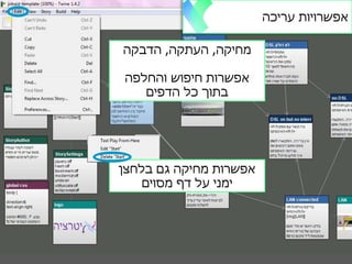 ‫עריכה‬ ‫אפשרויות‬
‫מחיקה‬,‫העתקה‬,‫הדבקה‬
‫והחלפה‬ ‫חיפוש‬ ‫אפשרות‬
‫הדפים‬ ‫כל‬ ‫בתוך‬
‫בלחצן‬ ‫גם‬ ‫מחיקה‬ ‫אפשרות‬
‫מסוים‬ ‫דף‬ ‫על‬ ‫ימני‬
 