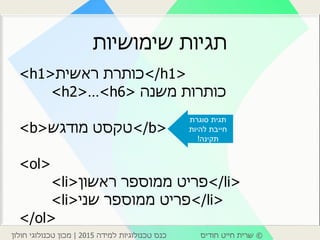 ©‫חודיס‬ ‫חייט‬ ‫שרית‬‫למידה‬ ‫טכנולוגיות‬ ‫כנס‬2015|‫חולון‬ ‫טכנולוגי‬ ‫מכון‬
‫שימושיות‬ ‫תגיות‬
<h1>‫ראשית‬ ‫/<כותרת‬h1>
<h2>…<h6> ‫משנה‬ ‫כותרות‬
<b>‫מודגש‬ ‫/<טקסט‬b>
<ol>
<li>‫ראשון‬ ‫ממוספר‬ ‫/<פריט‬li>
<li>‫שני‬ ‫ממוספר‬ ‫/<פריט‬li>
</ol>
‫סוגרת‬ ‫תגית‬
‫להיות‬ ‫חייבת‬
‫תקינה‬!
 