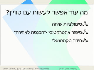 ©‫חודיס‬ ‫חייט‬ ‫שרית‬‫למידה‬ ‫טכנולוגיות‬ ‫כנס‬2015|‫חולון‬ ‫טכנולוגי‬ ‫מכון‬
‫עם‬ ‫לעשות‬ ‫אפשר‬ ‫עוד‬ ‫מה‬‫טוויין‬?
‫שיחה‬ ‫סימולציות‬
‫סיפור‬‫אינטרקטיבי‬-"‫לאווירה‬ ‫הכנסה‬"
‫טקסטואלי‬ ‫חידון‬
 