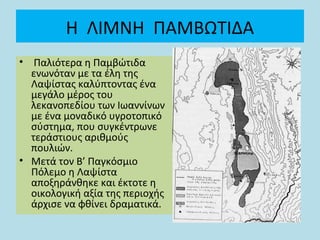Η ΛΙΜΝΗ ΠΑΜΒΩΤΙΔΑ
• Παλιότερα η Παμβώτιδα
ενωνόταν με τα έλη της
Λαψίστας καλύπτοντας ένα
μεγάλο μέρος του
λεκανοπεδίου των Ιωαννίνων
με ένα μοναδικό υγροτοπικό
σύστημα, που συγκέντρωνε
τεράστιους αριθμούς
πουλιών.
• Μετά τον Β’ Παγκόσμιο
Πόλεμο η Λαψίστα
αποξηράνθηκε και έκτοτε η
οικολογική αξία της περιοχής
άρχισε να φθίνει δραματικά.
 