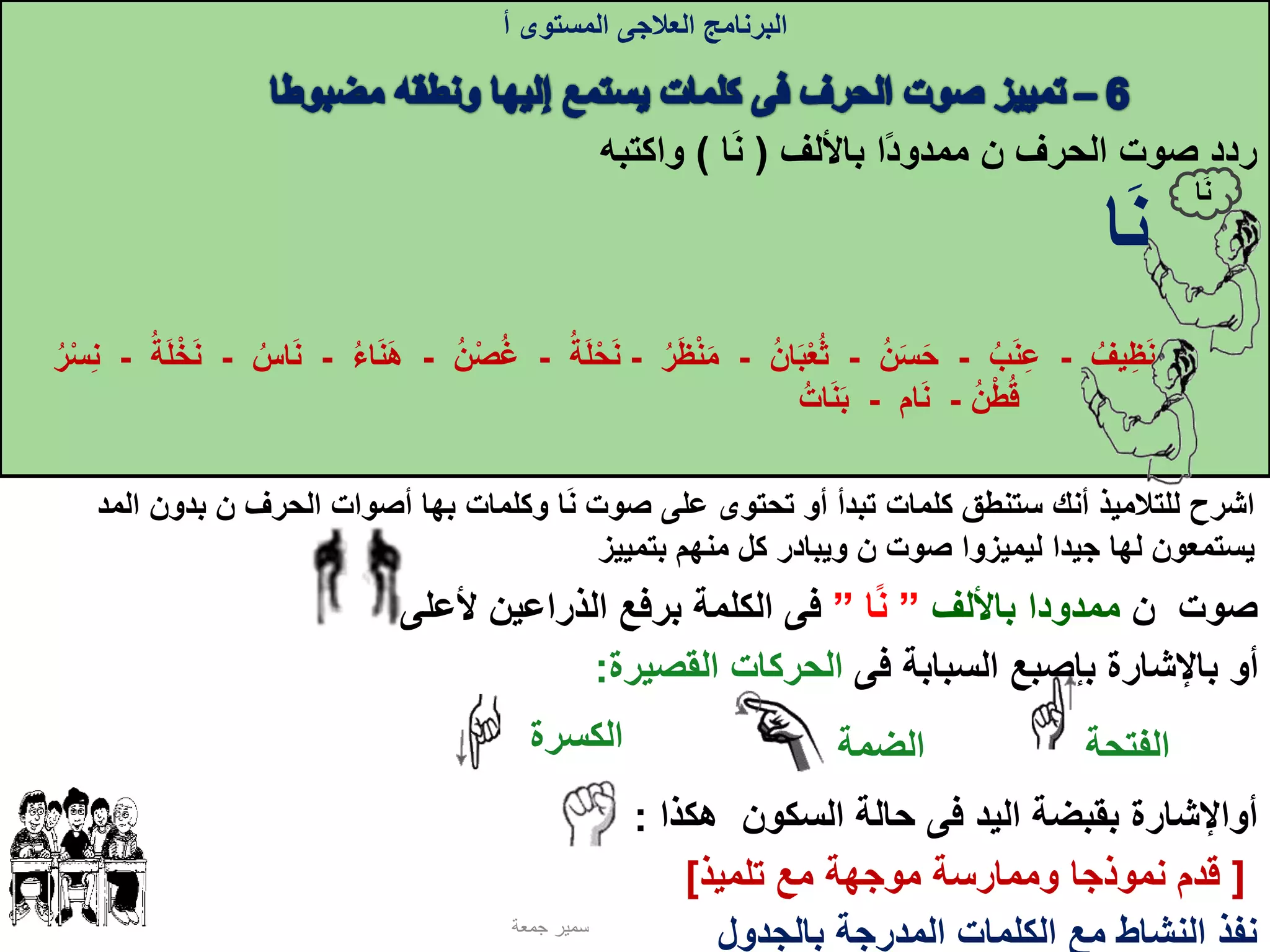 ‫البرنامج‬‫العالجى‬‫المستوى‬‫أ‬
‫صوت‬ ‫على‬ ‫تحتوى‬ ‫أو‬ ‫تبدأ‬ ‫كلمات‬ ‫ستنطق‬ ‫أنك‬ ‫للتالميذ‬ ‫اشرح‬‫ا‬‫ن‬‫الحرف‬ ‫أصوات‬ ‫بها‬ ‫وكلمات‬‫ن‬‫ال‬ ‫بدون‬‫مد‬
‫صوت‬ ‫ليميزوا‬ ‫جيدا‬ ‫لها‬ ‫يستمعون‬‫ن‬‫بتمييز‬ ‫منهم‬ ‫كل‬ ‫ويبادر‬
‫يف‬‫ظ‬‫ن‬-‫ب‬‫ن‬‫ع‬-‫ن‬‫س‬‫ح‬-‫ان‬‫ب‬‫ع‬‫ث‬-‫ر‬‫ظ‬‫ن‬‫م‬-‫ة‬‫ل‬‫ح‬‫ن‬-‫ن‬‫ص‬‫غ‬-‫اء‬‫ن‬‫ه‬-‫اس‬‫ن‬-‫ة‬‫ل‬‫خ‬‫ن‬-‫ر‬‫س‬‫ن‬
‫ن‬‫ط‬‫ق‬-‫ام‬‫ن‬-‫ات‬‫ن‬‫ب‬
‫صوت‬‫ن‬‫باأللف‬ ‫ممدودا‬”‫ا‬ً‫ن‬”‫فى‬‫أل‬ ‫الذراعين‬ ‫برفع‬ ‫الكلمة‬‫على‬
‫السبابة‬ ‫بإصبع‬ ‫باإلشارة‬ ‫أو‬‫فى‬‫القصيرة‬ ‫الحركات‬:
‫الفتحة‬‫الضمة‬‫الكسرة‬
‫أواإلشارة‬‫اليد‬ ‫بقبضة‬‫فى‬‫هكذا‬ ‫السكون‬ ‫حالة‬:
[‫تلميذ‬ ‫مع‬ ‫موجهة‬ ‫وممارسة‬ ‫نموذجا‬ ‫قدم‬]
‫جمعة‬ ‫سمير‬
‫الحرف‬ ‫صوت‬ ‫ردد‬‫ن‬‫باأللف‬ ‫ا‬ً‫د‬‫ممدو‬(‫ا‬‫ن‬)‫واكت‬‫به‬
‫ن‬‫ا‬
‫ن‬‫ا‬
‫بالجد‬ ‫المدرجة‬ ‫الكلمات‬ ‫مع‬ ‫النشاط‬ ‫نفذ‬‫ول‬
 