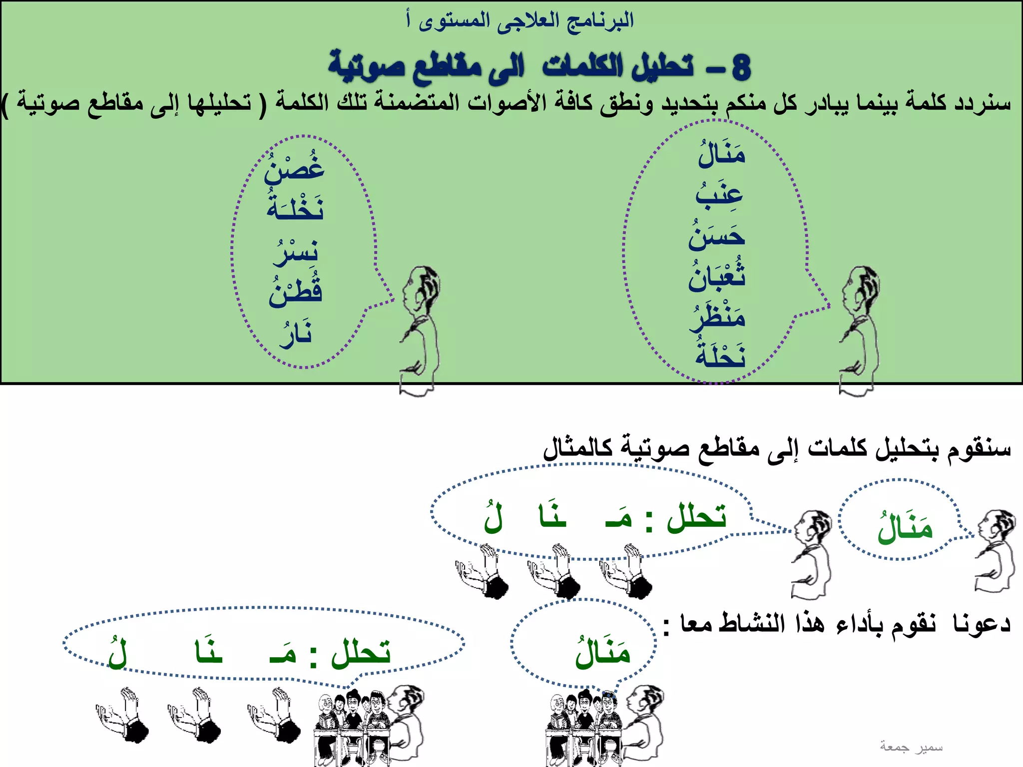 ‫البرنامج‬‫العالجى‬‫المستوى‬‫أ‬
‫كال‬ ‫صوتية‬ ‫مقاطع‬ ‫إلى‬ ‫كلمات‬ ‫بتحليل‬ ‫سنقوم‬‫مثال‬
‫ال‬‫ن‬‫م‬
‫معا‬ ‫النشاط‬ ‫هذا‬ ‫بأداء‬ ‫نقوم‬ ‫دعونا‬:
‫ال‬‫ن‬‫م‬
‫الكلمة‬ ‫تلك‬ ‫المتضمنة‬ ‫األصوات‬ ‫كافة‬ ‫ونطق‬ ‫بتحديد‬ ‫منكم‬ ‫كل‬ ‫يبادر‬ ‫بينما‬ ‫كلمة‬ ‫سنردد‬(‫مق‬ ‫إلى‬ ‫تحليلها‬‫صوتية‬ ‫اطع‬)
‫ال‬‫ن‬‫م‬
‫ب‬‫ن‬‫ع‬
‫ن‬‫س‬‫ح‬
‫ان‬‫ب‬‫ع‬‫ث‬
‫ر‬‫ظ‬‫ن‬‫م‬
‫ة‬‫ل‬‫ح‬‫ن‬
‫ن‬‫ص‬‫غ‬
‫ة‬‫لـ‬‫خ‬‫ن‬
‫ر‬‫س‬‫ن‬
‫ن‬‫طـ‬‫ق‬
‫ار‬‫ن‬
‫جمعة‬ ‫سمير‬
‫تحلل‬:‫ـ‬‫م‬‫ـن‬‫ا‬‫ل‬
‫تحلل‬:‫ـ‬‫م‬‫ـن‬‫ا‬‫ل‬
 