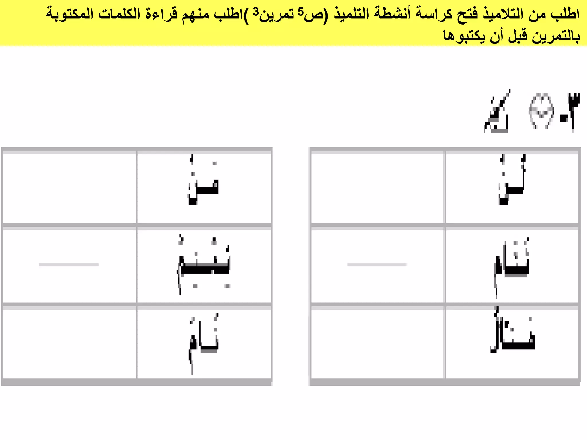 ‫التلميذ‬ ‫أنشطة‬ ‫كراسة‬ ‫فتح‬ ‫التالميذ‬ ‫من‬ ‫اطلب‬(‫ص‬5‫تمرين‬3)‫المكتوبة‬ ‫الكلمات‬ ‫قراءة‬ ‫منهم‬ ‫اطلب‬
‫يكتبوها‬ ‫أن‬ ‫قبل‬ ‫بالتمرين‬
‫جمعة‬ ‫سمير‬
 