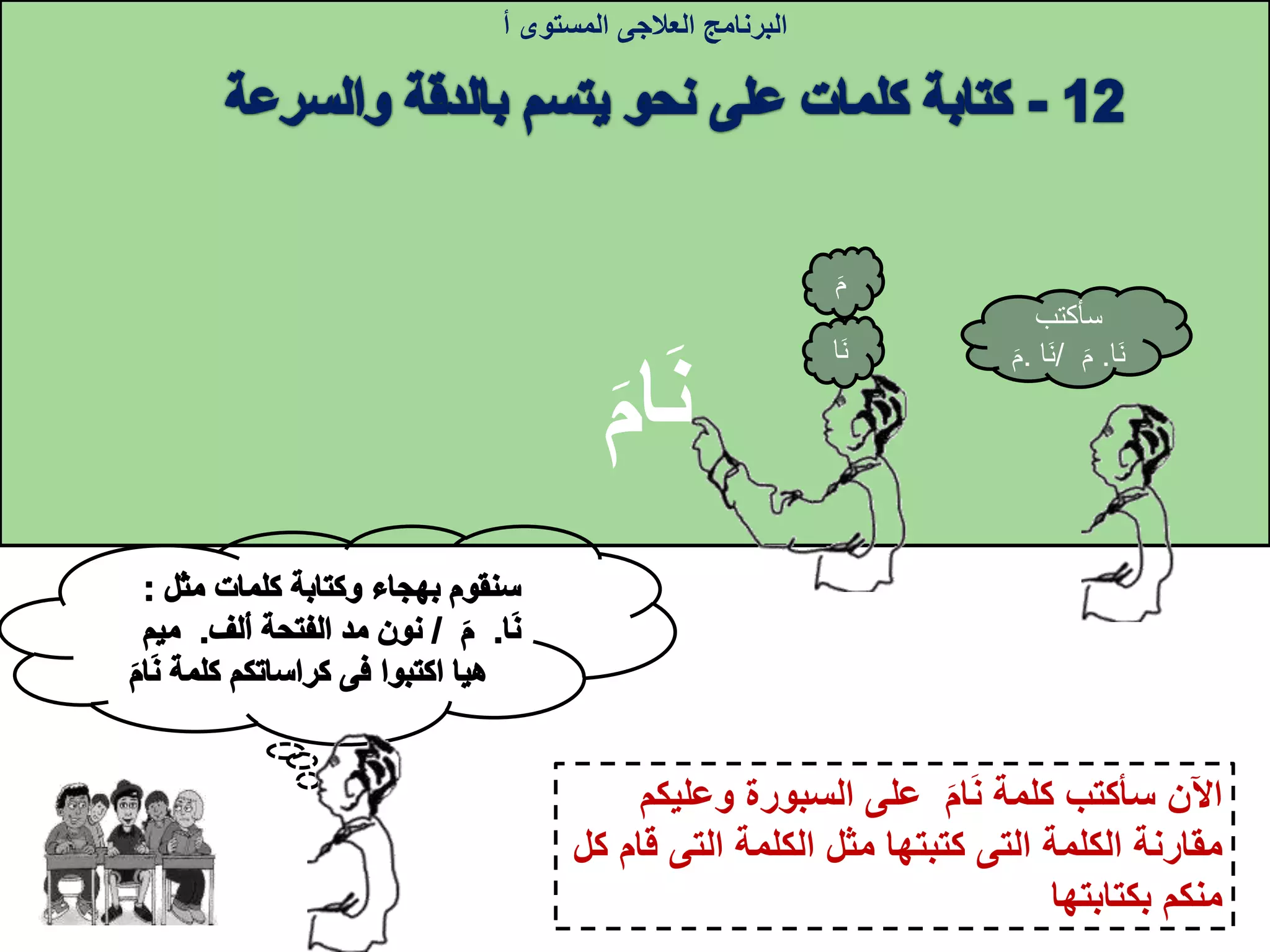 ‫وعلي‬ ‫السبورة‬ ‫على‬ ‫ام‬‫ن‬ ‫كلمة‬ ‫سأكتب‬ ‫اآلن‬‫كم‬
‫الكلمة‬ ‫مقارنة‬‫التى‬‫الكلمة‬ ‫مثل‬ ‫كتبتها‬‫التى‬‫ق‬‫كل‬ ‫ام‬
‫بكتابتها‬ ‫منكم‬
‫البرنامج‬‫العالجى‬‫المستوى‬‫أ‬
‫سأكتب‬
‫ا‬‫ن‬.‫م‬/‫ن‬‫ا‬.‫م‬‫ن‬‫ا‬
‫م‬
‫ا‬‫ن‬‫م‬
 