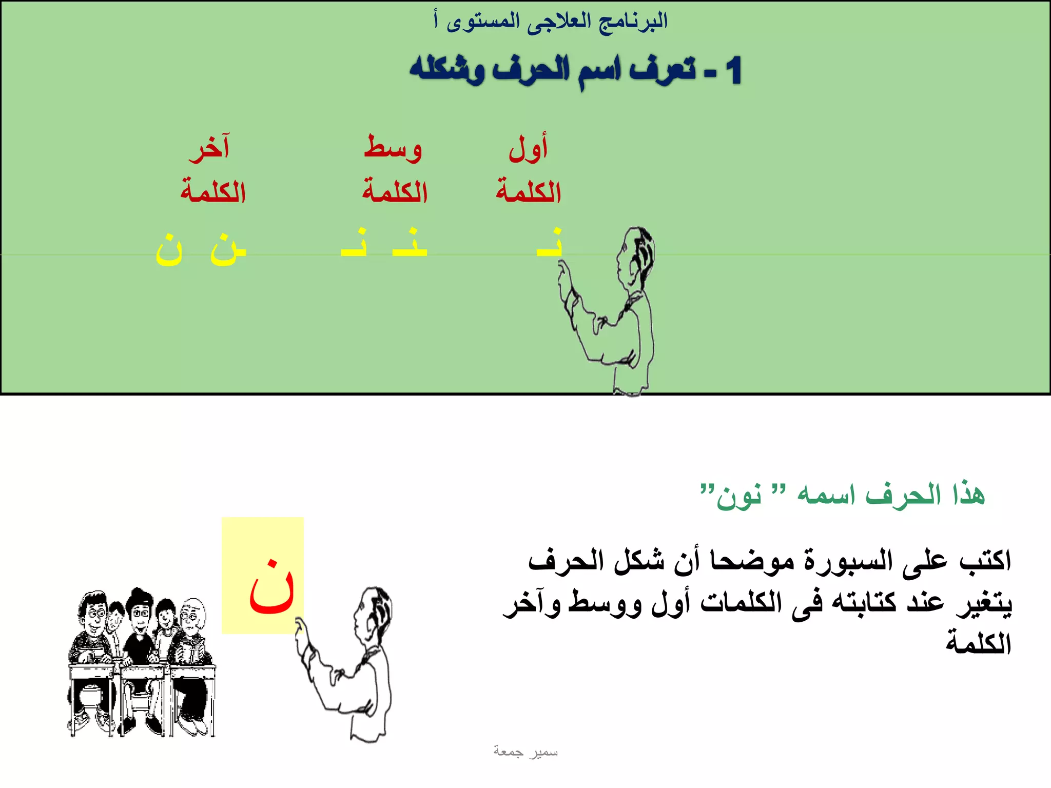 ‫ن‬
‫اسمه‬ ‫الحرف‬ ‫هذا‬”‫نون‬”
‫آخر‬ ‫وسط‬ ‫أول‬
‫الكلمة‬ ‫الكلمة‬ ‫الكلمة‬
‫نـ‬‫ـن‬ ‫نـ‬ ‫ـنـ‬‫ن‬
‫البرنامج‬‫العالجى‬‫المستوى‬‫أ‬
‫جمعة‬ ‫سمير‬
‫الحرف‬ ‫شكل‬ ‫أن‬ ‫موضحا‬ ‫السبورة‬ ‫على‬ ‫اكتب‬
‫كتابته‬ ‫عند‬ ‫يتغير‬‫فى‬‫ووسط‬ ‫أول‬ ‫الكلمات‬‫وآخر‬
‫الكلمة‬
 