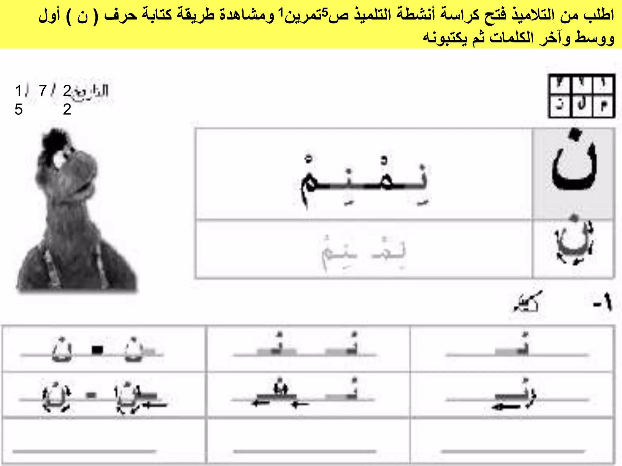 ‫ص‬ ‫التلميذ‬ ‫أنشطة‬ ‫كراسة‬ ‫فتح‬ ‫التالميذ‬ ‫من‬ ‫اطلب‬5‫تمرين‬1‫حرف‬ ‫كتابة‬ ‫طريقة‬ ‫ومشاهدة‬(‫ن‬)‫أول‬
‫يكتبونه‬ ‫ثم‬ ‫الكلمات‬ ‫وآخر‬ ‫ووسط‬
‫جمعة‬ ‫سمير‬
2
2
71
5
 