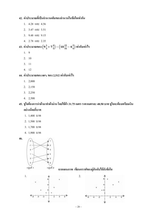 ~ 28 ~
42. ค่าประมาณที่เป็นจานวนเต็มของจานวนในข้อใดเท่ากัน
1. 4.28 และ 4.56
2. 3.47 และ 3.51
3. 9.48 และ 9.15
4. 2.78 และ 2.35
43. ค่าประมาณของ ( ) ( ) เท่ากับเท่าไร
1. 9
2. 10
3. 11
4. 12
44. ค่าประมาณของ 88% ของ 2,512 เท่ากับเท่าไร
1. 2,000
2. 2,150
3. 2,250
4. 2,500
45. ชูใจต้องการนาผ้ามาทาผ้าม่าน โดยใช้ผ้า 31.75 เมตร ราคาเมตรละ 48.50 บาท ชูใจจะต้องเตรียมเงิน
อย่างน้อยกี่บาท
1. 1,400 บาท
2. 1,500 บาท
3. 1,700 บาท
4. 1,900 บาท
46.
จากแผนภาพ เขียนกราฟของคู่อันดับได้ดังข้อใด
1. 2.
 