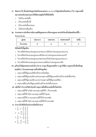 ~ 9 ~
27. มีฉลาก 5 ใบ ซึ่งแต่ละใบถูกกากับด้วยหมายเลข 1, 2, 3, 4, 5 ถ้าสุ่มหยิบพร้อมกันมา 2 ใบ เหตุการณ์ที่
ผลรวมของตัวเลขบนฉลากได้เป็นเลขคู่เป็นไปได้ดังข้อใด
1. ไม่มีโอกาสเกิดขึ้น
2. มีโอกาสเกิดขึ้นได้
3. มีโอกาสเกิดขึ้นแน่นอน
4. ไม่มีคาตอบที่ถูกต้อง
28. กาหนดตารางบันทึกการสัมภาษณ์ข้อมูลของการเลือกรสลูกอม ของนักเรียนชั้นมัธยมศึกษาปีที่ 1
จานวน 25 คน
ลูกอม รสมะนาว รสมะขาม รสสตรอเบอรี่ รสส้ม
จานวนคน 8
ข้อใดต่อไปนี้ถูกต้อง
1. โอกาสที่นักเรียนจะชอบลูกอมรสรสมะนาวมีน้อยกว่าชอบลูกอมรสมะขาม
2. โอกาสที่นักเรียนจะชอบลูกอมรสส้มมีมากกว่าชอบลูกอมรสสตรอเบอร์รี
3. โอกาสที่นักเรียนจะชอบลูกอมรสสตรอเบอร์รีเท่ากับชอบลูกอมรสมะนาว
4. โอกาสที่นักเรียนจะชอบลูกอมรสมะขามมีน้อยกว่าชอบลูกอมรสส้ม
29. ถุงใบหนึ่งมีลูกบอลขนาดเท่ากัน จานวน 15 ลูก เป็นลูกบอลสีขาว 4 ลูก สีเขียว 5 ลูกและที่เหลือเป็นลูก
บอลสีม่วง โอกาสของเหตุการณ์ในข้อใดถูกต้อง
1. เหตุการณ์ที่ได้ลูกบอลสีเขียวมีโอกาสน้อยที่สุด
2. เหตุการณ์ที่ได้ลูกบอลสีขาวเท่าและเหตุการณ์ที่ได้ลูกบอลสีม่วงมีโอกาสเกิดขึ้นเท่ากัน
3. เหตุการณ์ที่ได้ลูกบอลสีม่วงมากกว่าเหตุการณ์ที่ได้ลูกบอลสีเขียว
4. เหตุการณ์ที่จะหยิบได้ลูกบอลสีม่วงมีโอกาสเกิดขึ้นแน่นอน
30. หยิบไพ่ 1 ใบ จากไพ่สารับหนึ่ง เหตุการณ์ใดมีโอกาสเกิดขึ้นไม่เท่ากัน
1. เหตุการณ์ที่ได้ Aโพดา และเหตุการณ์ที่ได้ 3 ข้าวหลามตัด
2. เหตุการณ์ที่ได้ โพดา และเหตุการณ์ที่ได้ โพแดง
3. เหตุการณ์ที่ได้ A และเหตุการณ์ที่ได้ ข้าวหลามตัด
4. เหตุการณ์ที่ได้ โพดา และเหตุการณ์ที่ได้ ข้าวหลามตัด
31. จานวนในข้อใดเรียงค่าจากน้อยไปหามาก
1. , –2, – , ,
2. –2, – , , ,
3. , –2, – , ,
4. , – , –2, ,
 