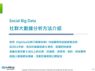 Copyright © OpView & eLand Information. Proprietary and Confidential. All rights reserved.
Social Big Data
社群大數據分析方法介紹
使用《OpView社群口碑資料庫》內容觀察和自動語意技術
自2011年起，有效討論量超過 6 億則，逐篇即時處理
涵蓋台灣流量 9 成以上的社群、討論區、部落格、BBS、粉絲團等
超過上萬個網站頻道，及數百萬帳號公開留言
13
13
 