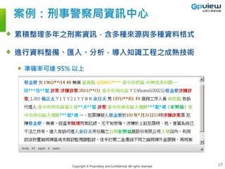 Copyright © Proprietary and Confidential. All rights reserved.
案例：刑事警察局資訊中心
累積整理多年之刑案資訊，含多種來源與多種資料格式
進行資料整備、匯入、分析，導入知識工程之成熟技術
準確率可達 95% 以上
17
 