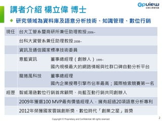 Copyright © Proprietary and Confidential. All rights reserved.
研究領域為資料庫及語意分析技術、知識管理、數位行銷
講者介紹 楊立偉 博士
現任 台大工管系暨商研所兼任助理教授2006~
台科大資管系兼任助理教授2008~
資訊及通信國家標準技術委員
意藍資訊 董事總經理（創辦人）1999~
國內規模最大的網路情報與社群口碑自動分析平台
龍捲風科技 董事總經理
國內企業搜尋引擎市佔率最高；國際檢索競賽第一名
經歷 智威湯遜數位行銷首席顧問、尚藍互動行銷共同創辦人
2009年獲選100 MVP最有價值經理人，擁有超過20項語意分析專利
2012年榮獲國家雲端創新獎、數位時代「創業之星」首獎
2
 