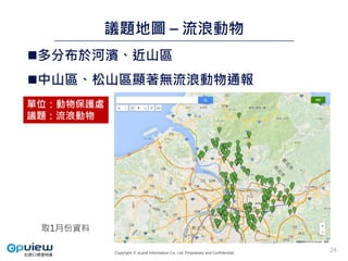 Copyright © eLand Information Co., Ltd. Proprietary and Confidential.
議題地圖 – 流浪動物
多分布於河濱、近山區
中山區、松山區顯著無流浪動物通報
24
取1月份資料
單位：動物保護處
議題：流浪動物
 