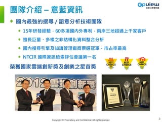 Copyright © Proprietary and Confidential. All rights reserved.
團隊介紹 – 意藍資訊
國內最強的搜尋 / 語意分析技術團隊
15年研發經驗，60多項國內外專利，兩岸三地超過上千家客戶
擅長巨量、多樣之非結構化資料整合分析
國內搜尋引擎及知識管理廠商票選冠軍，市占率最高
NTCIR 國際資訊檢索評估會議第一名
榮獲國家雲端創新獎及創業之星首獎
3
 