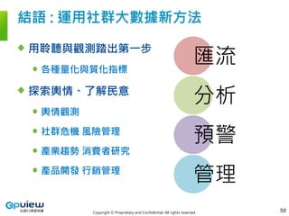 Copyright © Proprietary and Confidential. All rights reserved.
結語 : 運用社群大數據新方法
用聆聽與觀測踏出第一步
各種量化與質化指標
探索輿情、了解民意
輿情觀測
社群危機 風險管理
產業趨勢 消費者研究
產品開發 行銷管理
匯流
分析
預警
管理
50
 