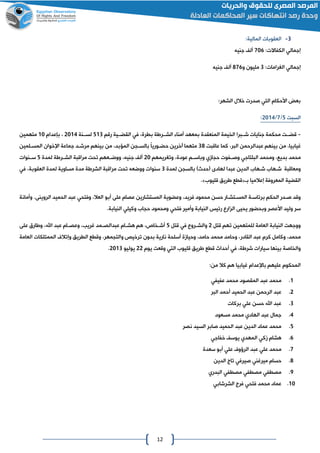 12
0-:‫المالية‬ ‫العقوبات‬
‫إجمالي‬:‫الكفاالت‬016‫جنيه‬ ‫أل‬
‫إجمالي‬:‫الغرامات‬0‫و‬ ‫مليون‬806‫جنيه‬ ‫أل‬
‫ال‬ ‫خالل‬ ‫صدرت‬ ‫التي‬ ‫األحكام‬ ‫بع‬:‫شهر‬
‫السبت‬2/0/4102:
-،‫بطرة‬ ‫الشااراة‬ ‫أمنا‬ ‫بمعهد‬ ‫المنعقدة‬ ‫الخيمة‬ ‫شاابرا‬ ‫جنايات‬ ‫محكمة‬ ‫قضاات‬‫في‬‫رقم‬ ‫القضااية‬200‫لساانة‬4102‫بإعدام‬ ،01‫متهمين‬
‫عاقبت‬ ‫كما‬ ،‫البر‬ ‫عبدالرحمن‬ ‫بينهم‬ ‫من‬ ،‫غيابيا‬08‫جماعة‬ ‫اد‬‫ا‬‫مرش‬ ‫بينهم‬ ‫من‬ ،‫المؤبد‬ ‫اان‬‫ا‬‫بالس‬ ً‫ا‬‫اوري‬‫ا‬‫حض‬ ‫آخرين‬ ‫متهما‬‫اإلخوان‬‫المين‬‫ا‬‫المس‬
‫محمد‬‫افوت‬‫ا‬‫وص‬ ‫البلتاجي‬ ‫ومحمد‬ ،‫بديع‬‫حاامي‬‫وتغريمهم‬ ،‫عودة‬ ‫ام‬‫ا‬‫وباس‬41‫لمدة‬ ‫اراة‬‫ا‬‫الش‬ ‫مراقبة‬ ‫تحت‬ ‫ووضااعهم‬ ،‫جنيه‬ ‫أل‬2‫ساانوات‬
‫الدين‬ ‫شاهاع‬ ‫شاهاع‬ ‫ومعاقبة‬‫لهادى‬ ‫عبدا‬‫لمدة‬ ‫بالسان‬ ‫لحدثو‬0‫في‬ ،‫العقوبة‬ ‫لمدة‬ ‫مساوية‬ ‫مدة‬ ‫الشراة‬ ‫مراقبة‬ ‫تحت‬ ‫ووضعه‬ ‫سنوات‬
‫با‬ ‫إعالميا‬ ‫المعروفة‬ ‫القضية‬«‫ق‬ ‫اريق‬ ‫قطع‬‫ليوع‬.»
‫أبو‬ ‫على‬ ‫عصام‬ ‫المستشارين‬ ‫وعضوية‬ ،‫فريد‬ ‫محمود‬ ‫حسن‬ ‫المساتشاار‬ ‫برئاساة‬ ‫الحكم‬ ‫صادر‬ ‫وقد‬،‫العال‬‫وفتحي‬‫الحميد‬ ‫عبد‬‫وأمانة‬ .‫الروينى‬
‫وأمير‬ ‫النيابة‬ ‫رئيس‬ ‫ارع‬ ‫ال‬ ‫يحيى‬ ‫وبحضور‬ ‫األعصر‬ ‫وليد‬ ‫سر‬‫فتحي‬‫حااع‬ ‫ومحمود‬‫وكيلي‬.‫النيابة‬
‫قتل‬ ‫تهم‬ ‫للمتهمين‬ ‫العامة‬ ‫النيابة‬ ‫ووجهت‬4‫اروع‬‫ا‬‫والش‬‫في‬‫قتل‬2‫اام‬‫ا‬‫وعص‬ ،‫غريب‬ ‫امد‬‫ا‬‫عبدالص‬ ‫اام‬‫ا‬‫هش‬ ‫هم‬ ،‫اخاص‬‫ا‬‫أش‬‫اهلل‬ ‫عبد‬‫على‬ ‫واارق‬ ،
‫كرم‬ ‫وكامل‬ ،‫محمد‬‫القادر‬ ‫عبد‬‫العامة‬ ‫الممتلكات‬ ‫وإتالف‬ ‫الطريق‬ ‫وقطع‬ ،‫والتامهر‬ ‫ترخيص‬ ‫بدون‬ ‫نارية‬ ‫أسلحة‬ ‫وحيامة‬ ،‫حامد‬ ‫محمد‬ ‫وحامد‬ ،
،‫شراة‬ ‫سيارات‬ ‫بينها‬ ‫والخاصة‬‫في‬‫قليوع‬ ‫اريق‬ ‫قطع‬ ‫أحداث‬‫يوم‬ ‫وقعت‬ ‫التي‬44‫ي‬‫وليو‬4100.
:‫من‬ ‫كال‬ ‫هم‬ ‫غيابيا‬ ‫باإلعدام‬ ‫عليهم‬ ‫المحكوم‬
0.‫عفيفي‬ ‫محمد‬ ‫المقصود‬ ‫عبد‬ ‫محمد‬
4.‫الحميد‬ ‫عبد‬ ‫الرحمن‬ ‫عبد‬‫أحمد‬‫البر‬
0.‫بركات‬ ‫علي‬ ‫حسن‬ ‫اهلل‬ ‫عبد‬
2.‫مسعود‬ ‫محمد‬ ‫الهادي‬ ‫عبد‬ ‫جمال‬
2.‫نصر‬ ‫السيد‬ ‫صابر‬ ‫الحميد‬ ‫عبد‬ ‫الدين‬ ‫عماد‬ ‫محمد‬
6.‫خفاج‬ ‫يوس‬ ‫المهدي‬ ‫مكي‬ ‫هشام‬‫ي‬
0.‫علي‬ ‫الرؤوف‬ ‫عبد‬ ‫علي‬ ‫محمد‬‫أ‬‫سعدة‬ ‫بو‬
8.‫الدين‬ ‫تاج‬ ‫صيرفي‬ ‫ميرغني‬ ‫حسام‬
2.‫البدري‬ ‫مصطفي‬ ‫مصطفي‬ ‫مصطفي‬
01.‫الشرشابي‬ ‫فرج‬ ‫فتحي‬ ‫محمد‬ ‫عماد‬
 