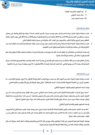 18
8.،‫الوهاع‬ ‫عبد‬ ‫صالح‬ ‫الوهاع‬ ‫عبد‬
2.‫محمد‬ ‫عماد‬‫المتولي‬،
01..‫عبده‬ ‫السعيد‬ ‫محمد‬
‫الثالثا‬46/8/4102:
‫لمدة‬ ‫المشدد‬ ‫بالسان‬ ،‫صابرة‬ ‫يوسا‬ ‫ساعيد‬ ‫المساتشاار‬ ‫برئاساة‬ ،‫المنيا‬ ‫جنايات‬ ‫محكمة‬ ‫قضات‬0‫الشغل‬ ‫مع‬ ‫سنوات‬‫على‬ ‫والنفاذ‬‫رمضا‬‫ن‬
‫رقم‬ ‫القضااية‬ ‫في‬ ‫ساالطان‬ ‫سااعيد‬6026‫لساانة‬4102‫برقم‬ ‫والمقيدة‬ ‫المنيا‬ ‫قساام‬ ‫جنايات‬801‫لساانة‬4102‫جنوع‬ ‫كلي‬،‫المنيا‬‫بتهمة‬
‫بدون‬ ‫التظاهر‬،‫تصريا‬.‫الحالي‬ ‫للنظام‬ ‫رافضة‬ ‫مسيرة‬ ‫في‬ ‫مشاركته‬ ‫أثنا‬ ، ‫العن‬ ‫على‬ ‫والتحري‬ ،‫الشغب‬ ‫وإثارة‬
‫برئاساة‬ ‫الساابعة‬ ‫الدائرة‬ ‫المنيا‬ ‫جنايات‬ ‫محكمة‬ ‫قضات‬‫يوسا‬ ‫ساعيد‬ ‫المساتشاار‬،‫صبره‬‫الطفل‬ ‫ضد‬ ‫الصادر‬ ‫اإلعدام‬ ‫حكم‬ ‫بإلغا‬‫أحمد‬‫عب‬‫د‬
.‫القانونية‬ ‫السن‬ ‫تااومه‬ ‫لعدم‬ ‫بالمنيا‬ ‫األحداث‬ ‫جنا‬ ‫محكمة‬ ‫إلى‬ ‫وإحالته‬ ‫الفتاح‬
‫واسااتندت‬‫حكمها‬ ‫في‬ ‫المحكمة‬‫إلى‬‫محاكمته‬ ‫ات‬ ‫إجرا‬ ‫إعادة‬ ‫وتم‬ ‫نفسااه‬ ‫بتسااليم‬ ‫قام‬ ،‫الحدث‬ ‫الطفل‬ ‫أن‬‫باعتباره‬‫افال‬‫يطبق‬ ‫ال‬‫عليه‬‫حكم‬
‫إحالته‬ ‫وقررت‬ ‫اإلعدام‬‫إلى‬.‫بالمنيا‬ ‫األحداث‬ ‫جنا‬ ‫محكمة‬
‫ضاامن‬ ‫كان‬ ‫الطفل‬ ‫أن‬ ‫يذكر‬080‫حكم‬ ‫ضاادهم‬ ‫صاادر‬ ً‫ا‬‫متهم‬‫باإلعدام‬‫والشااغب‬ ‫العن‬ ‫أحداث‬ ‫قضااية‬ ‫في‬‫واقتحام‬‫بمرك‬ ‫المنشااآت‬ ‫وحرق‬
‫بالسة‬ ‫وذلك‬ ‫العدوة‬40‫لا‬ ‫ة‬ ‫بالبرا‬ ‫المحكمة‬ ‫قضت‬ ‫كما‬ .‫الماضي‬ ‫يونيو‬ ‫من‬226‫لا‬ ‫والمؤبد‬2‫ب‬ ‫آخرين‬‫ينهم‬0.‫القضية‬ ‫ذات‬ ‫في‬ ‫سيدات‬
‫السبت‬01/8/4102:
‫قضاات‬‫جنايات‬ ‫محكمة‬‫بالسااان‬ ،‫ة‬ ‫الاي‬‫و‬ ،‫اإلخوان‬ ‫لاماعة‬ ‫العام‬ ‫المرشااد‬ ‫بديع‬ ‫محمد‬ ‫من‬ ‫لكل‬ ‫المؤبد‬0‫اااا‬‫ا‬‫لا‬ ‫باإلعدام‬ ‫وغيابيا‬ ،‫آخرين‬6
‫المعروفة‬ ‫القضية‬ ‫في‬ ،‫آخرين‬ ‫متهمين‬‫إعالميا‬‫يوم‬ ‫إلى‬ ‫تاريخها‬ ‫يعود‬ ‫والتي‬ ،"‫االستقامة‬ ‫"مساد‬ ‫بأحداث‬44.‫الماضي‬ ‫العام‬ ‫من‬ ‫يوليو‬
‫لحضورياو‬ ‫بالمؤبد‬ ‫عليهم‬ ‫المحكوم‬ ‫أسما‬ ‫ت‬ ‫وجا‬‫كالتالي‬:
‫محمد‬ ‫ومحمد‬ ،‫المسااالمين‬ ‫اإلخوان‬ ‫لاماعة‬ ‫العام‬ ‫المرشاااد‬ ،‫بديع‬ ‫''محمد‬‫البلتاجي‬‫حساااين‬ ‫محمد‬ ‫الدين‬ ‫وعصاااام‬ ،‫األمهر‬ ‫بطب‬ ‫مدرس‬ ،
،‫رمضااان‬ ‫حاامي‬ ‫حمودة‬ ‫وصاافوت‬ ،‫بشاارى‬ ‫ابيب‬ ،‫العريان‬‫والحساايني‬‫محروس‬ ‫عنتر‬‫عبدالحفيظ‬ ‫رجب‬ ‫وعصااام‬ ،''‫عنتر‬ ‫''يساارى‬ ‫وشااهرته‬
‫كمال‬ ‫وباسم‬ ،‫للبريد‬ ‫العامة‬ ‫باإلدارة‬ ‫مومع‬ ‫مساعد‬ ،‫حسن‬ ‫حسين‬ ‫جمعة‬ ‫ومحمد‬ ،‫رشوان‬‫أحمد‬."‫السابق‬ ‫التموين‬ ‫ومير‬ ،‫عودة‬
:‫كالتالي‬ ‫لغيابياو‬ ‫باإلعدام‬ ‫عليهم‬ ‫المحكوم‬ ‫وأسما‬
‫عبد‬ ‫''عاصام‬،‫اإلسالمية‬ ‫الاماعة‬ ‫تنظيم‬ ‫شورى‬ ‫مالس‬ ‫عضاو‬ ،‫الماجد‬‫ت‬ ‫وع‬‫صبري‬‫ابيب‬ ،‫جودة‬ ‫يوس‬ ‫حسن‬‫بمستشفيي‬،‫المصريين‬ ‫أم‬
،‫الهدى‬ ‫الة‬‫ا‬‫مغس‬ ‫ااحب‬‫ا‬‫ص‬ ،‫التوت‬‫ا‬‫ش‬ ‫ان‬‫ا‬‫حس‬ ‫على‬ ‫وأنور‬‫الرامق‬ ‫وعبد‬‫محمود‬‫الرامق‬ ‫عبد‬‫اى‬‫ا‬‫مرس‬ ‫اطفي‬‫ا‬‫مص‬ ‫ع‬ ‫وع‬ ،‫اوان‬‫ا‬‫رض‬ ‫الحة‬ ‫على‬ ‫ومحمد‬ ،
."‫سابق‬ ‫شعب‬ ‫مالس‬ ‫عضو‬ ،‫ياقوت‬
‫قتل‬ ‫على‬ ‫التحري‬ ‫تهم‬ ‫لهم‬ ‫النيابة‬ ‫ووجهت‬2‫قتل‬ ‫في‬ ‫والشاااروع‬ ‫مواانين‬40‫آخري‬‫الساااالح‬ ‫وحيامة‬ ، ‫العن‬ ‫أعمال‬ ‫وارتكاع‬ ‫والتامهر‬ ‫ن‬
.‫ة‬ ‫الاي‬ ‫بميدان‬ ‫العسكرية‬ ‫الشراة‬ ‫نقطة‬ ‫بينها‬ ‫من‬ ‫عامة‬ ‫منشآت‬ ‫وإتالف‬ ،‫والذخيرة‬
 