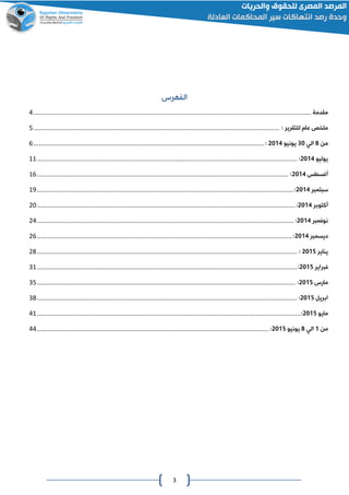 3
‫الفهرس‬
‫مقدمة‬..............................................................................................................................................................4
: ‫للتقرير‬ ‫عام‬ ‫ملخص‬............................................................................................................................................5
‫من‬8‫الي‬01‫يونيو‬4102:...................................................................................................................................6
‫يوليو‬4102:....................................................................................................................................................11
‫أغسطس‬4102:...............................................................................................................................................16
‫سبتمبر‬4102:..................................................................................................................................................11
‫أكتوبر‬4102:...................................................................................................................................................02
‫نوفمبر‬4102:..................................................................................................................................................04
‫ديسمبر‬4102:.................................................................................................................................................06
‫يناير‬4102:....................................................................................................................................................02
‫فبراير‬4102:....................................................................................................................................................11
‫مارس‬4102:...................................................................................................................................................15
‫ابريل‬4102:....................................................................................................................................................12
‫مايو‬4102:......................................................................................................................................................41
‫من‬0‫الي‬8‫يونيو‬4102:....................................................................................................................................44
 