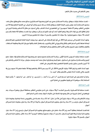 45
:‫الشهر‬ ‫خالل‬ ‫صدرت‬ ‫التي‬ ‫األحكام‬ ‫بع‬
‫الخميس‬2/6/4102:
-‫قضات‬،‫ساوهاج‬ ‫جنايات‬ ‫محكمة‬‫المساتشاار‬ ‫برئاساة‬‫حمدي‬‫ا‬ ‫عبد‬،‫حامد‬ ‫صالح‬ ‫واارق‬ ‫صالا‬ ‫محمد‬ ‫صاالا‬ ‫المساتشاارين‬ ‫وعضاوية‬ ‫ي‬ ‫لع‬
‫المساتشاار‬ ‫بحضاور‬‫أحمد‬،‫الريش‬ ‫أبو‬ ‫وعادل‬ ‫حسين‬ ‫اه‬ ‫سار‬ ‫بأمانة‬ ‫بساوهاج‬ ‫الكلية‬ ‫النيابة‬ ‫رئيس‬ ‫عون‬‫القضية‬ ‫في‬‫فيها‬ ‫المتهم‬22‫من‬
‫النظام‬ ‫معارضاي‬‫بينهم‬ ،40"‫"محبوساين‬ ‫ا‬‫متهم‬‫في‬‫اتهامهم‬‫في‬،‫الشاغب‬ ‫أحداث‬‫والتي‬‫مقت‬ ‫عن‬ ‫أسافرت‬‫ل‬2‫آخرين‬ ‫وإصابة‬ ‫أشاخاص‬‫في‬
‫العقيد‬ ‫بينهم‬ ‫الشااراة‬ ‫قوات‬ ‫بين‬ ‫النار‬ ‫إاالق‬ ‫تبادل‬‫أحمد‬‫بمعاقبة‬ ‫قضاات‬ ‫حيه‬ ،‫سااوهاج‬ ‫ثان‬ ‫قساام‬ ‫مأمور‬ ‫عايد‬ ‫أبو‬24‫ااان‬‫ا‬‫بالس‬ ‫متهما‬
‫المشدد‬01‫و‬ ، ‫وغيابيا‬ ‫حضوريا‬ ‫سنوات‬2‫لا‬ ‫سنوات‬0‫والسان‬ ،‫متهمين‬0‫لا‬ ‫سنوات‬6‫ة‬ ‫وبرا‬ ‫متهمين‬0.‫آخرين‬
‫القضاية‬ ‫أحداث‬ ‫وتعود‬‫إلى‬‫ديسمبر‬‫عام‬4100،‫في‬،‫الدستور‬ ‫على‬ ‫االستفتا‬ ‫أيام‬ ‫أول‬‫حيه‬‫االنضمام‬ ‫تهم‬ ‫للمتهمين‬ ‫العامة‬ ‫النيابة‬ ‫وجهت‬
‫اروع‬‫ا‬‫والش‬ ‫والقتل‬ ،‫العام‬ ‫الم‬‫ا‬‫الس‬ ‫تكدير‬ ‫هدفها‬ ‫لاماعة‬‫في‬،‫الطات‬‫ا‬‫الس‬ ‫ومقاومة‬ ‫اراة‬‫ا‬‫الش‬ ‫رجال‬ ‫مع‬ ‫والقوة‬ ‫العن‬ ‫اتعمال‬‫ا‬‫واس‬ ،‫والتخريب‬ ‫القتل‬
‫وتكدير‬ ،‫تصريا‬ ‫بدون‬ ‫بمظاهرة‬ ‫والقيام‬‫المواصالت‬ ‫وسائل‬ ‫وتعطيل‬ ،‫العام‬ ‫األمن‬.
‫السبت‬6/6/4102:
-‫قضات‬‫األولى‬ ‫الدائرة‬ ‫الساويس‬ ‫جنايات‬ ‫محكمة‬،‫عضو‬ ،‫عطية‬ ‫فؤاد‬ ‫هشام‬ ‫المساتشار‬ ‫وبعضاوية‬ ‫عمر‬ ‫محمود‬ ‫ممدوح‬ ‫المساتشاار‬ ‫برئاساة‬
،‫إساماعيل‬ ‫على‬ ‫إساماعيل‬ ‫والمساتشاار‬ ‫اليمين‬‫محمد‬ ‫جمال‬ ‫وسكرتارية‬ ‫اليسار‬ ‫عضو‬‫أحمد‬‫ومحمد‬‫ببر‬ ،‫سليمان‬‫ة‬ ‫ا‬6‫أشخاص‬‫على‬ ‫والحكم‬
04. ‫العن‬ ‫على‬ ‫بالتحري‬ ‫فيها‬ ‫المتهمين‬ ‫القضايا‬ ‫بإحدى‬ ‫سنتين‬ ‫بالحبس‬ ‫آخرين‬
‫رقم‬ ‫القضاااية‬ ‫أحداث‬ ‫تعود‬0210‫األربعين‬ ‫جنايات‬4102،‫إلى‬40‫ديسااامبر‬4100،‫فيها‬ ‫والمتهم‬08‫متهما‬‫منهم‬02‫م‬‫حبوساااين‬‫و‬2
‫هاربين‬،‫والتي‬" ‫وقتل‬ ‫باألربعين‬ ‫فوضى‬ ‫أحداث‬ ‫شهدت‬.‫غريب‬."‫م‬
‫"حسااام‬ ‫هم‬ ‫ة‬ ‫البرا‬ ‫على‬ ‫الحاصاالين‬ ‫أن‬ ‫يذكر‬.‫الدين‬" ‫و‬ "‫أ‬.‫على‬" ‫و‬ "‫ى‬‫أحمد‬‫هيئة‬ ‫وأمرت‬ ،"‫أ‬ . ‫و"محمود‬ " ‫ص‬ . ‫و"عادل‬ " ‫ع‬ . ‫و"يساارى‬ " ‫ر‬ .
‫مطلوبين‬ ‫يكونوا‬ ‫لم‬ ‫إذا‬ ‫سبيلهم‬ ‫إخال‬ ‫المحكمة‬‫في‬‫أخرى‬ ‫قضايا‬.
‫األحد‬0/6/4102:
-‫ات‬‫ا‬‫قض‬‫اكرية‬‫ا‬‫العس‬ ‫قنا‬ ‫محكمة‬،‫ادد‬‫ا‬‫المش‬ ‫اان‬‫ا‬‫بالس‬0‫و‬01،‫انوات‬‫ا‬‫س‬‫على‬6‫من‬،‫النظام‬ ‫اي‬‫ا‬‫معارض‬‫بمحافظة‬‫أ‬‫بينهم‬ ‫اوان‬‫ا‬‫س‬0‫بعد‬ ،‫ايدات‬‫ا‬‫س‬
‫الصقة‬ ‫مواد‬ ‫وضع‬ ‫خالل‬ ‫من‬ ‫تخريبية‬ ‫أعمال‬ ‫في‬ ‫توراهم‬‫على‬‫العام‬ ‫السلم‬ ‫تكدير‬ ‫بهدف‬ ‫البنوك‬ ‫ماكينات‬.
‫ت‬ ‫وجا‬‫األ‬‫حكام‬‫بالسااان‬01‫على‬ ً‫ا‬‫غيابي‬ ‫ساانوات‬' ‫من‬ ً‫ال‬‫ك‬‫أ‬ .‫حنان‬'‫.ط‬02‫حاصاالة‬ ،‫ساانة‬‫على‬‫ومقي‬ ،‫اجتماعية‬ ‫خدمة‬ ‫بكالوريوس‬‫دائرة‬ ‫مة‬
'‫و'مينب.ر.ر‬ ،‫أسوان‬ ‫ثان‬ ‫قسام‬00'‫و'أمينة.أ.م‬ ،‫أسوان‬ ‫ثان‬ ‫قسم‬ ‫دائرة‬ ‫ومقيم‬ ،‫ل‬ ‫من‬ ‫ربة‬ ،‫سنة‬22‫ثان‬ ‫قسم‬ ‫دائرة‬ ‫ومقيمة‬ ،‫ل‬ ‫من‬ ‫ربة‬ ،‫سنة‬
‫أسوان‬.
' ‫بمعاقبة‬ ‫المحكمة‬ ‫قضات‬ ‫كما‬‫أحمد‬'‫.ح.م‬42‫حاصل‬ ،‫سنة‬‫على‬'‫و'يسري.ح.م‬ ،‫أسوان‬ ‫ثان‬ ‫قسم‬ ‫دائرة‬ ‫ومقيم‬ ،‫صنايع‬ ‫دبلوم‬40‫ناار‬ ،‫سنة‬،
‫بالساان‬ ،‫بأساوان‬ ‫أمبو‬ ‫كوم‬ ‫شاراة‬ ‫مرك‬ ‫دائرة‬ ‫ومقيم‬0،ً‫ا‬‫حضاوري‬ ‫سانوات‬‫و‬'‫'كريم.م.أ‬ ‫معاقبة‬42‫ثان‬ ‫قسم‬ ‫دائرة‬ ‫ومقيم‬ ،‫نقاف‬ ،‫سانة‬
‫بالسان‬ ،‫أسوان‬01ً‫ا‬‫غيابي‬ ‫سنوات‬.
 