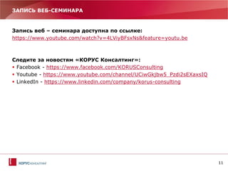 11
ЗАПИСЬ ВЕБ-СЕМИНАРА
Запись веб – семинара доступна по ссылке:
https://www.youtube.com/watch?v=4LViyBFsxNs&feature=youtu.be
Следите за новостям «КОРУС Консалтинг»:
 Facebook - https://www.facebook.com/KORUSConsulting
 Youtube - https://www.youtube.com/channel/UCiwGkjbw5_Pzdi2sEXaxsIQ
 LinkedIn - https://www.linkedin.com/company/korus-consulting
 