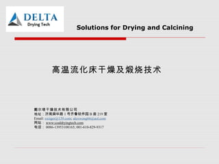 Solutions for Drying and Calcining
高温流化床干燥及煅烧技术
戴尔塔干燥技术有限公司
地址：济南舜华路 1 号齐鲁软件园 B 座 219 室
Email: oxtiger@139.com; alexwong66@aol.com
网站： www:coaldryingtech.com
电话： 0086-13953108165; 001-610-829-9317
 