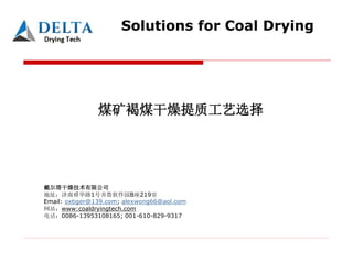 Solutions for Coal Drying
煤矿褐煤干燥提质 艺选择
戴尔塔干燥技术有限公
地址 济南舜华路1 齐鲁软 园B 219室
Email: oxtiger@139.com; alexwong66@aol.com
网站 www:coaldryingtech.com
电话 0086-13953108165; 001-610-829-9317
 