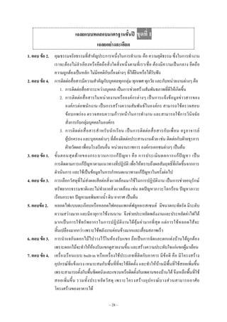 ~ 28 ~
เฉลยแบบทดสอบมาตรฐานชั้นปี ชุดที่ 1
เฉลยอย่างละเอียด
1. ตอบ ข้อ 2. คุณธรรมจริยธรรมที่สําคัญประการหนึ่งในการทํางาน คือ ความยุติธรรม ซึ่งในการทํางาน
เราจะต๎องไมํลําเอียงหรือยึดถือสิ่งใดสิ่งหนึ่งตามที่เราเชื่อ ต๎องมีความเป็นกลาง ยึดถือ
ความถูกต๎องเป็นหลัก ไมํมีอคติกับเรื่องตํางๆ ที่ได๎ยินหรือได๎รับฟัง
2. ตอบ ข้อ 4. การติดตํอสื่อสารมีความสําคัญกับบุคคลทุกกลุํม ทุกเพศ ทุกวัย และกับหนํวยงานตํางๆ คือ
1. การติดตํอสื่อสารระหวํางบุคคล เป็นการชํวยสร๎างสัมพันธภาพที่ดีให๎เกิดขึ้น
2. การติดตํอสื่อสารในหนํวยงานหรือองค๑กรตํางๆ เป็นการแจ๎งข๎อมูลขําวสารของ
องค๑กรตํอพนักงาน เป็นการสร๎างความสัมพันธ๑ในองค๑กร สามารถใช๎ตรวจสอบ
ข๎อบกพรํอง ตรวจสอบความก๎าวหน๎าในการทํางาน และสามารถใช๎การวินิจฉัย
สั่งการกับกลุํมบุคคลในองค๑กร
3. การติดตํอสื่อสารสําหรับนักเรียน เป็นการติดตํอสื่อสารกับเพื่อน ครูอาจารย๑
ผู๎ปกครอง และบุคคลตํางๆ ที่ต๎องติดตํอประสานงานด๎วย เชํน ติดตํอกับฝ่ายธุรการ
ฝ่ายวัดผล เพื่อนโรงเรียนอื่น หนํวยงานราชการ องค๑กรเอกชนตํางๆ เป็นต๎น
3. ตอบ ข้อ 1. ขั้นตอนสุดท๎ายของกระบวนการแก๎ปัญหา คือ การประเมินผลการแก๎ปัญหา เป็น
การติดตามการแก๎ปัญหาตามแนวทางที่ปฏิบัติ เพื่อให๎ทราบถึงผลสัมฤทธิ์ที่เกิดขึ้นจากการ
ดําเนินการ และใช๎เป็นข๎อมูลในการกําหนดแนวทางแก๎ปัญหาในครั้งตํอไป
4. ตอบ ข้อ 3. การเลือกวัสดุที่ไมํสํงผลเสียตํอสิ่งแวดล๎อมมาใช๎ในการปฏิบัติงาน เป็นการชํวยอนุรักษ๑
ทรัพยากรธรรมชาติและไมํทําลายสิ่งแวดล๎อม เชํน ลดปัญหาภาวะโลกร๎อน ปัญหาภาวะ
เรือนกระจก ปัญหามลพิษทางน้ํา ดิน อากาศ เป็นต๎น
5. ตอบข้อ 2. หลอดไฟแบบตะเกียบหรือหลอดไฟคอมแพกต๑ฟลูออเรสเซนต๑ มีขนาดกะทัดรัด มีระดับ
ความสวํางมาก และมีอายุการใช๎งานนาน จึงชํวยประหยัดพลังงานและประหยัดคําไฟได๎
มากเป็นการใช๎ทรัพยากรในการปฏิบัติงานได๎คุ๎มคํามากที่สุด แตํการใช๎หลอดไส๎จะ
สิ้นเปลืองมากกวํา เพราะใช๎พลังงานคํอนข๎างมากและเสื่อมสภาพเร็ว
6. ตอบ ข้อ 3. การนําแจกันดอกไม๎ไปวางไว๎ในห๎องรับแขก ถือเป็นการจัดและตกแตํงบ๎านได๎ถูกต๎อง
เพราะดอกไม๎จะทําให๎ห๎องรับแขกดูสวยงามขึ้น และสร๎างความประทับใจแกํแขกผู๎มาเยือน
7. ตอบ ข้อ 4. เครื่องเรือนแบบ built-in หรือเครื่องใช๎ประเภทที่ติดกับอาคาร มีข๎อดี คือ มีโครงสร๎าง
อุปกรณ๑ที่แข็งแรง เหมาะสมกับพื้นที่ที่จะใช๎ติดตั้ง และทําให๎บ๎านมีพื้นที่ใช๎สอยเพิ่มขึ้น
เพราะสามารถตั้งกับพื้นชิดผนังและแขวนหรือติดตั้งกับเพดานของบ๎านได๎ จึงเหลือพื้นที่ใช๎
สอยเพิ่มขึ้น รวมทั้งประหยัดวัสดุ เพราะโครงสร๎างอุปกรณ๑บางสํวนสามารถอาศัย
โครงสร๎างของอาคารได๎
 