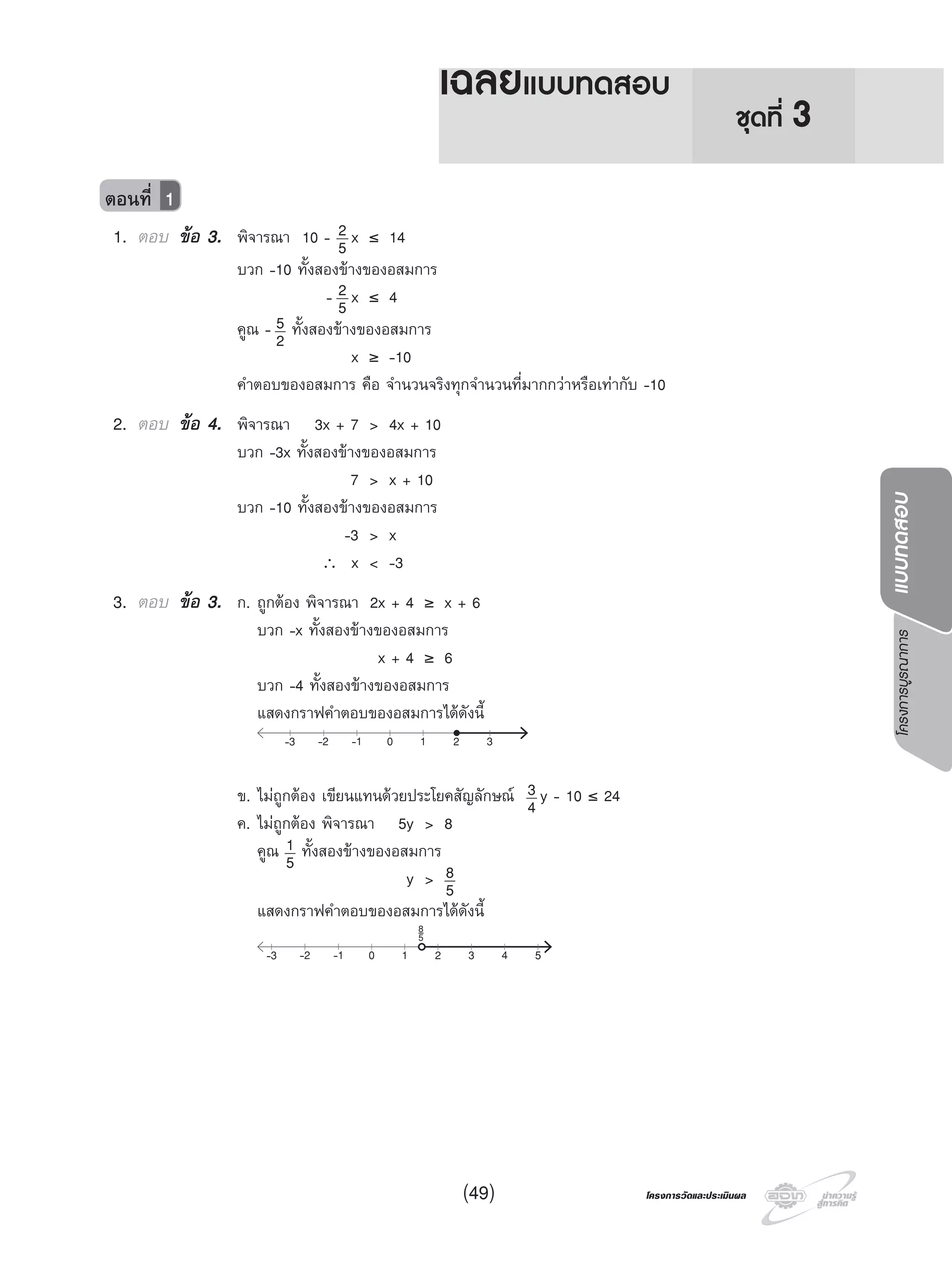 โครงการบูรณาการแบบทดสอบ
โครงการวัดและประเมินผลโครงการวัดและประเมินผล(49)
ชุดที่ 3
เฉลยแบบทดสอบ
ตอนที่ 1
1. ตอบ ขอ 3. พิจารณา 10 - 2
5 x ≤ 14
บวก -10 ทั้งสองขางของอสมการ
- 2
5 x ≤ 4
คูณ - 5
2 ทั้งสองขางของอสมการ
x ≥ -10
คําตอบของอสมการ คือ จํานวนจริงทุกจํานวนที่มากกวาหรือเทากับ -10
2. ตอบ ขอ 4. พิจารณา 3x + 7 > 4x + 10
บวก -3x ทั้งสองขางของอสมการ
7 > x + 10
บวก -10 ทั้งสองขางของอสมการ
-3 > x
∴ x < -3
3. ตอบ ขอ 3. ก. ถูกตอง พิจารณา 2x + 4 ≥ x + 6
บวก -x ทั้งสองขางของอสมการ
x + 4 ≥ 6
บวก -4 ทั้งสองขางของอสมการ
แสดงกราฟคําตอบของอสมการไดดังนี้
0 1 2 3-1-2-3
ข. ไมถูกตอง เขียนแทนดวยประโยคสัญลักษณ 3
4 y - 10 ≤ 24
ค. ไมถูกตอง พิจารณา 5y > 8
คูณ 1
5 ทั้งสองขางของอสมการ
y > 8
5
แสดงกราฟคําตอบของอสมการไดดังนี้
0 1 2 3 4 5-1-2-3
5
8
 