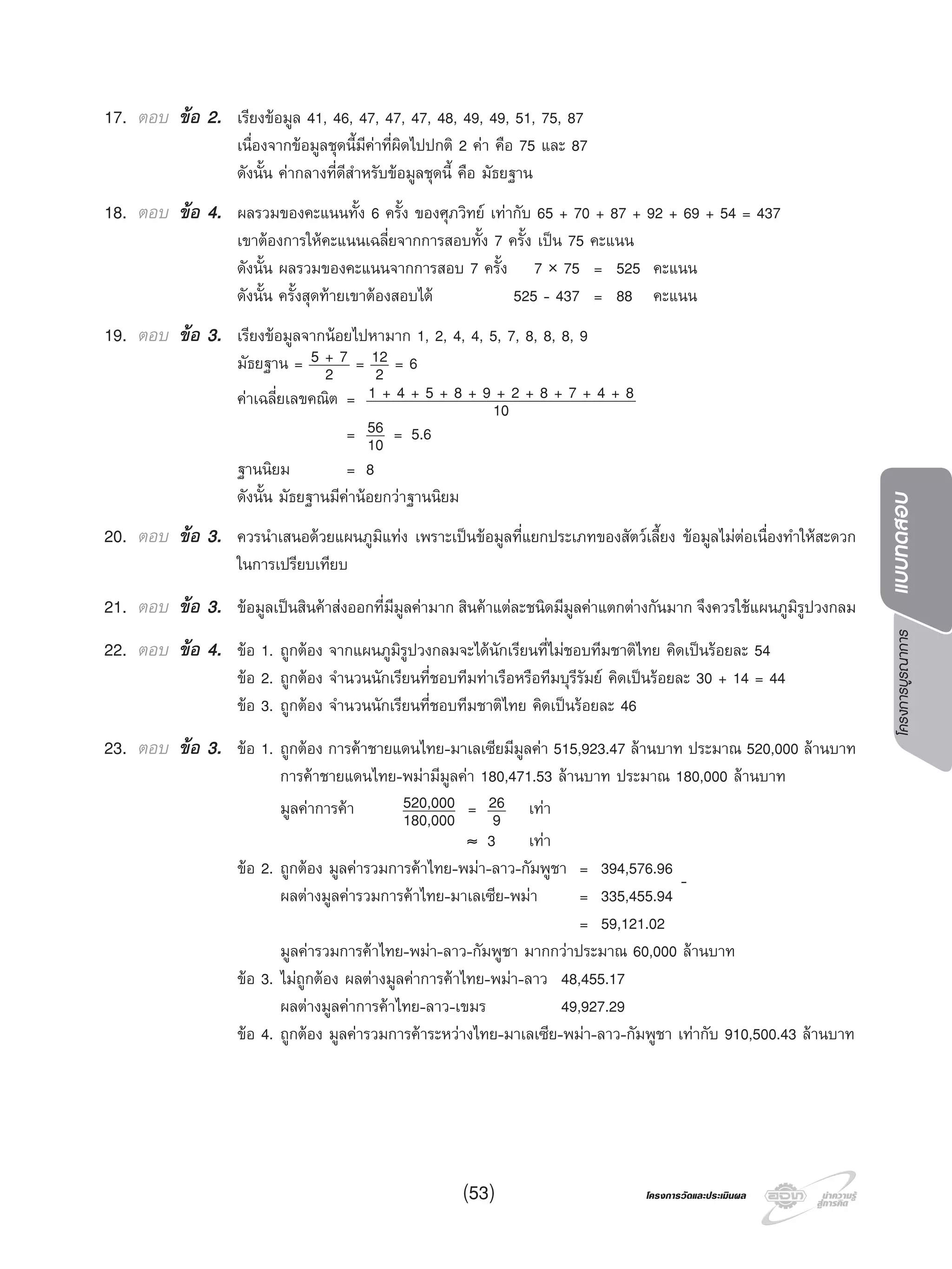 โครงการบูรณาการแบบทดสอบ
โครงการวัดและประเมินผลโครงการวัดและประเมินผล(53)
17. ตอบ ขอ 2. เรียงขอมูล 41, 46, 47, 47, 47, 48, 49, 49, 51, 75, 87
เนื่องจากขอมูลชุดนี้มีคาที่ผิดไปปกติ 2 คา คือ 75 และ 87
ดังนั้น คากลางที่ดีสําหรับขอมูลชุดนี้ คือ มัธยฐาน
18. ตอบ ขอ 4. ผลรวมของคะแนนทั้ง 6 ครั้ง ของศุภวิทย เทากับ 65 + 70 + 87 + 92 + 69 + 54 = 437
เขาตองการใหคะแนนเฉลี่ยจากการสอบทั้ง 7 ครั้ง เปน 75 คะแนน
ดังนั้น ผลรวมของคะแนนจากการสอบ 7 ครั้ง 7 × 75 = 525 คะแนน
ดังนั้น ครั้งสุดทายเขาตองสอบได 525 - 437 = 88 คะแนน
19. ตอบ ขอ 3. เรียงขอมูลจากนอยไปหามาก 1, 2, 4, 4, 5, 7, 8, 8, 8, 9
มัธยฐาน = 5 + 7
2 = 12
2 = 6
คาเฉลี่ยเลขคณิต = 1 + 4 + 5 + 8 + 9 + 2 + 8 + 7 + 4 + 8
10
= 56
10 = 5.6
ฐานนิยม = 8
ดังนั้น มัธยฐานมีคานอยกวาฐานนิยม
20. ตอบ ขอ 3. ควรนําเสนอดวยแผนภูมิแทง เพราะเปนขอมูลที่แยกประเภทของสัตวเลี้ยง ขอมูลไมตอเนื่องทําใหสะดวก
ในการเปรียบเทียบ
21. ตอบ ขอ 3. ขอมูลเปนสินคาสงออกที่มีมูลคามาก สินคาแตละชนิดมีมูลคาแตกตางกันมาก จึงควรใชแผนภูมิรูปวงกลม
22. ตอบ ขอ 4. ขอ 1. ถูกตอง จากแผนภูมิรูปวงกลมจะไดนักเรียนที่ไมชอบทีมชาติไทย คิดเปนรอยละ 54
ขอ 2. ถูกตอง จํานวนนักเรียนที่ชอบทีมทาเรือหรือทีมบุรีรัมย คิดเปนรอยละ 30 + 14 = 44
ขอ 3. ถูกตอง จํานวนนักเรียนที่ชอบทีมชาติไทย คิดเปนรอยละ 46
23. ตอบ ขอ 3. ขอ 1. ถูกตอง การคาชายแดนไทย-มาเลเซียมีมูลคา 515,923.47 ลานบาท ประมาณ 520,000 ลานบาท
การคาชายแดนไทย-พมามีมูลคา 180,471.53 ลานบาท ประมาณ 180,000 ลานบาท
มูลคาการคา 520,000
180,000 = 26
9 เทา
≈ 3 เทา
ขอ 2. ถูกตอง มูลคารวมการคาไทย-พมา-ลาว-กัมพูชา = 394,576.96
-
ผลตางมูลคารวมการคาไทย-มาเลเซีย-พมา = 335,455.94
= 59,121.02
มูลคารวมการคาไทย-พมา-ลาว-กัมพูชา มากกวาประมาณ 60,000 ลานบาท
ขอ 3. ไมถูกตอง ผลตางมูลคาการคาไทย-พมา-ลาว 48,455.17
ผลตางมูลคาการคาไทย-ลาว-เขมร 49,927.29
ขอ 4. ถูกตอง มูลคารวมการคาระหวางไทย-มาเลเซีย-พมา-ลาว-กัมพูชา เทากับ 910,500.43 ลานบาท
 