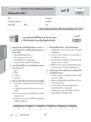 โครงการบูรณาการแบบทดสอบ
โครงการวัดและประเมินผลโครงการวัดและประเมินผล
4. ขอใดตอไปนี้สอดคลองกับ “ธัมมจักกัปปวัตตนสูตร”
1. สอนใหคนสรางความดี ละเวนความชั่ว ทําจิตใจให
บริสุทธิ์ผองใส
2. แนะแนวทางในการหลุดพนจากความทุกขและการ
ดําเนินชีวิตบนทางสายกลาง
3. อธิบายถึงองคประกอบสําคัญของพระพุทธศาสนาวาคือ
พระพุทธ พระธรรม พระสงฆ
4. ชี้ใหเขาใจวาสังขารของคนเรานั้นไมเที่ยงยอมเกิดแก
เจ็บตายไปตามวันเวลา จึงไมควรยึดติดในรูปกาย
5. เหตุใดพระพุทธเจาจึงทรงมุงไปแสดงธรรมแกปญจวัคคีย
แมพบผูอื่นก็ไมทรงสอน
1. ทรงตองการแกไขความเขาใจผิดและทรงตองการสักขี-
พยานแหงการตรัสรู
2. เพื่อตอบแทนที่ปญจวัคคียเคยอยูรับใชพระองคในชวง
ที่ทรงบําเพ็ญทุกรกิริยา
3. ทรงเห็นวาหลักธรรมที่พระองคตรัสรูมีประโยชน
ตอเหลาปญจวัคคียมากกวาบุคคลอื่น
4. ปาอิสิปตนมฤคทายวัน ซึ่งปญจวัคคียพากันไปอยู
ตั้งอยูใกลเคียงสถานที่ตรัสรูมากที่สุด
4.
1. สอนใหคนสรางความดี ละเวนความชั่ว ทําจิตใจให
4. ขอใดตอไปนี้สอดคลองกับ
1. สอนใหคนสรางความดี ละเวนความชั่ว ทําจิตใจให1. สอนใหคนสรางความดี ละเวนความชั่ว ทําจิตใจใหC 1. สอนใหคนสรางความดี ละเวนความชั่ว ทําจิตใจให
5.5. เหตุใดพระพุทธเจาจึงทรงมุงไปแสดงธรรมแกปญจวัคคีย
แมพบผูอื่นก็ไมทรงสอนE
1. ในสังคมยุคปจจุบัน ซึ่งวิถีชีวิตเต็มไปดวยความเรงรีบ การ
เผยแผพระพุทธศาสนาควรใชวิธีการใดจึงจะประสบความ
สําเร็จมากที่สุด
1. ใชเทคโนโลยีที่ทันสมัยเขาชวย
2. เลือกเผยแผเฉพาะชาวตางชาติ
3. สนับสนุนใหองคกรชาวพุทธชวยดูแล
4. เผยแผเฉพาะหลักธรรมที่เขาใจงายไมซับซอน
2. ประเทศใดตอไปนี้มีประชากรสวนใหญนับถือพระพุทธ-
ศาสนานิกายเถรวาท
1. ภูฏาน
2. ศรีลังกา
3. ปากีสถาน
4. บังกลาเทศ
3. ขอใดกลาวถูกตองเกี่ยวกับพระพุทธศาสนาในประเทศญี่ปุน
1. พระภิกษุชาวเกาหลีนําคณะสงฆมาเผยแผพระพุทธ-
ศาสนา
2. ชาวญี่ปุนรับพระพุทธศาสนานิกายเถรวาทมาจากชาว
อินเดีย
3. พระพุทธศาสนาและศาสนาขงจื๊อไดรับยกยองใหเปน
ศาสนาประจําชาติ
4. พระพุทธศาสนานิกายมหายานไดรับความนิยมในหมู
ชนชั้นสูงของญี่ปุนกอน
1.1. ในสังคมยุคปจจุบัน ซึ่งวิถีชีวิตเต็มไปดวยความเรงรีบ การ
เผยแผพระพุทธศาสนาควรใชวิธีการใดจึงจะประสบความC
2.2. ประเทศใดตอไปนี้มีประชากรสวนใหญนับถือพระพุทธ-
ศาสนานิกายเถรวาทA
3.
1. พระภิกษุชาวเกาหลีนําคณะสงฆมาเผยแผพระพุทธ-
3. ขอใดกลาวถูกตองเกี่ยวกับพระพุทธศาสนาในประเทศญี่ปุน
1. พระภิกษุชาวเกาหลีนําคณะสงฆมาเผยแผพระพุทธ-D 1. พระภิกษุชาวเกาหลีนําคณะสงฆมาเผยแผพระพุทธ-D 1. พระภิกษุชาวเกาหลีนําคณะสงฆมาเผยแผพระพุทธ-
ความรู ความจํา ความเขาใจ การนําไปใช การวิเคราะห การสังเคราะห การประเมินคา
A B C D E F
¤Ðá¹¹·Õèä´Œ
¤Ðá¹¹àµçÁ
40
ตอนที่ 1 1. แบบทดสอบฉบับน�้มีทั้งหมด 40 ขอ 40 คะแนน
2. ใหนักเรียนเลือกคําตอบที่ถูกที่สุดเพียงขอเดียว
ชื่อ …………………………………………………………………………………………………….. นามสกุล ……………………………………………………………………………………………..
เลขประจําตัวสอบ ……………………………………………………………………. โรงเรียน …………………………………………………………………………………………….
สอบวันที่ …………………….. เดือน ………………………………………………… พ.ศ. ………………………………………..
โครงการวัดและประเมินผล บริษัท อักษรเจริญทัศน อจท. จํากัด
ชุดที่ 2แบบทดสอบว�ชา สังคมศึกษาฯ สาระการเร�ยนรู พระพุทธศาสนา
ชั้นมัธยมศึกษาปที่ 3
¤Ðá¹¹·Õèä´Œ
¤Ðá¹¹ÃÇÁ
40
(8)
 