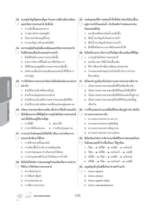 โครงการวัดและประเมินผลโครงการวัดและประเมินผล
โครงการบูรณาการแบบทดสอบ
23. สาเหตุสําคัญที่สุดของปญหาวิกฤตการณดานสิ่งแวดลอม
และทรัพยากรธรรมชาติ คือขอใด
1. การเพิ่มขึ้นของประชากร
2. การขยายตัวทางเศรษฐกิจ
3. ภัยธรรมชาติและอุบัติเหตุ
4. ความเจริญทางดานเทคโนโลยี
24. เพราะเหตุใดปจจุบันสิ่งแวดลอมและทรัพยากรธรรมชาติ
จึงมีลักษณะเสื่อมโทรมลงอยางรวดเร็ว
1. สิ่งมีชีวิตมีความหลากหลายเพิ่มขึ้น
2. ขาดการจัดการที่ดีในดานการใชทรัพยากร
3. วิถีชีวิตของมนุษยมีความหลากหลายเพิ่มขึ้น
4. เกิดความเสื่อมโทรมของดินและแหลงนํ้าที่ใชในการ
เพาะปลูก
25. การใชทรัพยากรธรรมชาติอยางยั่งยืนมีผลตอระบบนิเวศ
อยางไร
1. ชวยใหระบบนิเวศมีขนาดใหญ
2. ชวยรักษาสมดุลของระบบนิเวศ
3. ชวยใหระบบนิเวศมีความหลากหลายของสิ่งมีชีวิต
4. ชวยใหระบบนิเวศมีสภาพเปลี่ยนแปลงอยูตลอดเวลา
26. ทรัพยากรธรรมชาติหลายชนิด เมื่อนํามาใชแลวจะหมดไป
ขอใดคือแนวทางที่ดีที่สุดในการอนุรักษทรัพยากรธรรมชาติ
เหลานั้นใหคงอยูไดนานที่สุด
1. การใชซํ้า 2. ลดการใช
3. การหาสิ่งอื่นทดแทน 4. การปรับปรุงคุณภาพ
27. การกระทําในลักษณะใดที่จัดไดวาเปนการนําทรัพยากร-
ธรรมชาติกลับมาใชใหม
1. การใชกระดาษทั้งสองหนา
2. การเลือกซื้อนํ้ายาลางจานชนิดถุงเติม
3. การนํากลองนมมาทําเปนกระเปาใสของ
4. การนําถุงพลาสติกใบเกาไปใสของจากรานคา
28. ขอใดไมใชหลักการของเศรษฐกิจพอเพียงที่สามารถนํามา
ใชกับการใชทรัพยากรธรรมชาติ
1. ความไมประมาท
2. การใชอยางคุมคา
3. ความพอประมาณ
4. การยึดทางสายกลาง
23.23. สาเห
และทรัพยากรธรรมชาติ คือขอใดD
24.24. เพราะเหตุใดปจจุบันสิ่งแวดลอมและทรัพยากรธรรมชาติ
จึงมีลักษณะเสื่อมโทรมลงอยางรวดเร็วD
25.25. การใชทรัพยากรธรรมชาติอยางยั่งยืนมีผลตอระบบนิเวศ
อยางไรD
26.26. ทรัพยากรธรรมชาติหลายชนิด เมื่อนํามาใชแลวจะหมดไป
ขอใดคือแนวทางที่ดีที่สุดในการอนุรักษทรัพยากรธรรมชาติD
27.27. การกระทําในลักษณะใดที่จัดไดวาเปนการนําทรัพยากร-
ธรรมชาติกลับมาใชใหมD
28.28. ขอใดไมใชหลักการของเศรษฐกิจพอเพียงที่สามารถนํามา
ใชกับการใชทรัพยากรธรรมชาติB
29. แหลงชุมชนที่มีการปลอยนํ้าทิ้งซึ่งมีสารอินทรียปนเปอน
อยูมากลงไปในแหลงนํ้า นักเรียนคิดวาจะสงผลกระทบ
โดยตรงตอสิ่งใด
1. ออกซิเจนที่ละลายในนํ้าจะเพิ่มขึ้น
2. พืชนํ้าจะเจริญเติบโตอยางรวดเร็ว
3. สัตวนํ้าจะเจริญเติบโตอยางรวดเร็ว
4. สิ่งมีชีวิตไมสามารถอาศัยในแหลงนํ้าได
30. ขอใดเปนแนวทางในการแกไขปญหาสิ่งแวดลอมที่ดีที่สุด
1. การอนุรักษทรัพยากรธรรมชาติ
2. ลดปริมาณการใชนํ้ามันเชื้อเพลิง
3. ใหการศึกษาดานสิ่งแวดลอมแกประชาชน
4. กําหนดบทลงโทษอยางจริงจังเกี่ยวกับการทําลาย
สิ่งแวดลอม
31. ขอใดกลาวถูกตองเกี่ยวกับความหลากหลายทางชีวภาพ
1. เปนความหลากหลายของสิ่งมีชีวิตชนิดเดียวกัน
2. เปนความหลากหลายของสิ่งมีชีวิตและไมสิ่งมีชีวิต
3. เปนความหลากหลายของสิ่งมีชีวิตในแหลงที่อยูตางๆ
4. เปนความหลากหลายของสิ่งไมมีชีวิตในแหลงที่อยู
เดียวกัน
32. การที่ในแตละบริเวณจะมีสิ่งมีชีวิตอาศัยอยูตางกัน จัดเปน
ความหลากหลายทางใด
1. ความหลากหลายทางกายภาพ
2. ความหลากหลายทางชนิดพันธุ
3. ความหลากหลายทางพันธุกรรม
4. ความหลากหลายทางระบบนิเวศ
33. ขอใดเรียงลําดับการจัดจําแนกสิ่งมีชีวิตจากขอบเขตที่แคบ
ไปยังขอบเขตที่กวางขึ้นเรื่อยๆ ไดถูกตอง
1. จีนัส สปชีส แฟมิลี ออรเดอร
2. จีนัส สปชีส ออรเดอร แฟมิลี
3. สปชีส จีนัส แฟมิลี ออรเดอร
4. สปชีส จีนัส ออรเดอร แฟมิลี
34. มนุษยยุคปจจุบันมีชื่อวิทยาศาสตรวาอะไร
1. Homo sapiens
2. Homo erectus
3. Homo sapiens idaltu
4. Homo neanderthalensis
29.29. แหลงชุมชนที่มีการปลอยนํ้าทิ้งซึ่งมีสารอินทรียปนเปอน
อยูมากลงไปในแหลงนํ้า นักเรียนคิดวาจะสงผลกระทบD
30.30. ขอใดเปนแนวทางในการแกไขปญหาสิ่งแวดลอมที่ดีที่สุด
1. การอนุรักษทรัพยากรธรรมชาติC
31.31. ขอใดกลาวถูกตองเกี่ยวกับความหลากหลายทางชีวภาพ
1. เปนความหลากหลายของสิ่งมีชีวิตชนิดเดียวกันA
32.32. การที่ในแตละบริเวณจะมีสิ่งมีชีวิตอาศัยอยูตางกัน จัดเปน
ความหลากหลายทางใดB
33.33. ขอใดเรียงลําดับการจัดจําแนกสิ่งมีชีวิตจากขอบเขตที่แคบ
ไปยังขอบเขตที่กวางขึ้นเรื่อยๆ ไดถูกตองA
34.34. มนุษยยุคปจจุบันมีชื่อวิทยาศาสตรวาอะไร
1.A
(12)
 