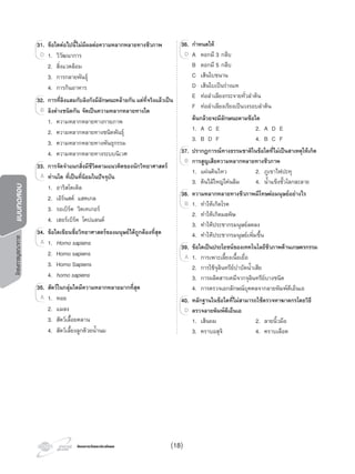 โครงการวัดและประเมินผลโครงการวัดและประเมินผล
โครงการบูรณาการแบบทดสอบ
31. ขอใดตอไปนี้ไมมีผลตอความหลากหลายทางชีวภาพ
1. วิวัฒนาการ
2. สิ่งแวดลอม
3. การกลายพันธุ
4. การกินอาหาร
32. การที่ลิงแสมกับลิงกังมีลักษณะคลายกัน แตที่จริงแลวเปน
ลิงตางชนิดกัน จัดเปนความหลากหลายทางใด
1. ความหลากหลายทางกายภาพ
2. ความหลากหลายทางชนิดพันธุ
3. ความหลากหลายทางพันธุกรรม
4. ความหลากหลายทางระบบนิเวศ
33. การจัดจําแนกสิ่งมีชีวิตตามแนวคิดของนักวิทยาศาสตร
ทานใด ที่เปนที่นิยมในปจจุบัน
1. อาริสโตเติล
2. เอิรนสต แฮคเกล
3. รอเบิรต วิตเทเกอร
4. เฮอรเบิรต โคปแลนด
34. ขอใดเขียนชื่อวิทยาศาสตรของมนุษยไดถูกตองที่สุด
1. Homo sapiens
2. Homo sapiens
3. Homo Sapiens
4. homo sapiens
35. สัตวในกลุมใดมีความหลากหลายมากที่สุด
1. หอย
2. แมลง
3. สัตวเลื้อยคลาน
4. สัตวเลี้ยงลูกดวยนํ้านม
31.31. ขอ
1. วิวัฒนาการD
32.32. การที่ลิงแสมกับลิงกังมีลักษณะคลายกัน แตที่จริงแลวเปน
ลิงตางชนิดกัน จัดเปนความหลากหลายทางใดB
33.33. การจัดจําแนกสิ่งมีชีวิตตามแนวคิดของนักวิทยาศาสตร
ทานใด ที่เปนที่นิยมในปจจุบันA
34.34. ขอใดเขียนชื่อวิทยาศาสตรของมนุษยไดถูกตองที่สุด
1.A
35.35. สัตวในกลุมใดมีความหลากหลายมากที่สุด
1. หอยA
36. กําหนดให
A ดอกมี 3 กลีบ
B ดอกมี 5 กลีบ
C เสนใบขนาน
D เสนใบเปนรางแห
E ทอลําเลียงกระจายทั่วลําตน
F ทอลําเลียงเรียงเปนวงรอบลําตน
ตนกลวยจะมีลักษณะตามขอใด
1. A C E 2. A D E
3. B D F 4. B C F
37. ปรากฏการณทางธรรมชาติในขอใดที่ไมเปนสาเหตุใหเกิด
การสูญเสียความหลากหลายทางชีวภาพ
1. แผนดินไหว 2. ภูเขาไฟปะทุ
3. ตนไมใหญโคนลม 4. นํ้าแข็งขั้วโลกละลาย
38. ความหลากหลายทางชีวภาพมีโทษตอมนุษยอยางไร
1. ทําใหเกิดโรค
2. ทําใหเกิดมลพิษ
3. ทําใหประชากรมนุษยลดลง
4. ทําใหประชากรมนุษยเพิ่มขึ้น
39. ขอใดเปนประโยชนของเทคโนโลยีชีวภาพดานเกษตรกรรม
1. การเพาะเลี้ยงเนื้อเยื่อ
2. การใชจุลินทรียบําบัดนํ้าเสีย
3. การผลิตสารเคมีจากจุลินทรียบางชนิด
4. การตรวจเอกลักษณบุคคลจากลายพิมพดีเอ็นเอ
40. หลักฐานในขอใดที่ไมสามารถใชตรวจหาฆาตกรโดยวิธี
ตรวจลายพิมพดีเอ็นเอ
1. เสนผม 2. ลายนิ้วมือ
3. คราบอสุจิ 4. คราบเลือด
36.36. กําหนดให
A ดอกมี 3 กลีบD
37.37. ปรากฏการณทางธรรมชาติในขอใดที่ไมเปนสาเหตุใหเกิด
การสูญเสียความหลากหลายทางชีวภาพB
38.38. ความหลากหลายทางชีวภาพมีโทษตอมนุษยอยางไร
1. ทําใหเกิดโรคB
39.39. ขอใดเปนประโยชนของเทคโนโลยีชีวภาพดานเกษตรกรรม
1. การเพาะเลี้ยงเนื้อเยื่อA
40.40. หลักฐานในขอใดที่ไมสามารถใชตรวจหาฆาตกรโดยวิธี
ตรวจลายพิมพดีเอ็นเอD
(18)
 