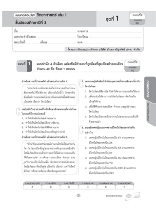 โครงการวัดและประเมินผลโครงการวัดและประเมินผล
โครงการบูรณาการแบบทดสอบ
ชื่อ …………………………………………………………………………………………………….. นามสกุล ……………………………………………………………………………………………..
เลขประจําตัวสอบ ……………………………………………………………………. โรงเรียน …………………………………………………………………………………………….
สอบวันที่ …………………….. เดือน ………………………………………………… พ.ศ. ………………………………………..
โครงการวัดและประเมินผล บริษัท อักษรเจริญทัศน อจท. จํากัด
2. เพราะเหตุใดจึงตองใชกลองจุลทรรศนในการศึกษาเกี่ยวกับ
โครโมโซม
1. โครโมโซมมีสีขาวใส จึงทําใหสามารถมองเห็นไดยาก
2. เพื่อจะชวยใหสามารถนําโครโมโซมมาจัดเรียงกัน
เปนคูไดงาย
3. เพื่อใชศึกษารายละเอียด จํานวน และรูปรางของ
โครโมโซม
4. โครโมโซมมีขนาดเล็กมากจนไมสามารถมองเห็นได
ดวยตาเปลา
3. มนุษยเพศหญิงและเพศชายมีโครโมโซมแตกตางกัน
อยางไร
1. เพศหญิงมีโครโมโซมเพศเปน XY สวนเพศชาย
มีโครโมโซมเพศเปน XX
2. เพศหญิงมีโครโมโซมเพศเปน XX สวนเพศชาย
มีโครโมโซมเพศเปน XY
3. เพศหญิงมีโครโมโซมเพศเปน XO สวนเพศชาย
มีโครโมโซมเพศเปน YO
4. เพศหญิงมีโครโมโซมเพศเปน XXX สวนเพศชาย
มีโครโมโซมเพศเปน XXY
2.2. เพราะเห
โครโมโซมD
3.3. มนุษยเพศหญิงและเพศชายมีโครโมโซมแตกตางกัน
อยางไรA
อานขอความที่กําหนดให แลวตอบคําถามขอ 1.
“ภายในนิวเคลียสจะมีเสนใยขนาดเล็กมากจน
สังเกตเห็นไดไมชัดเจน เรียกเสนใยนี้วา โครมาทิน
ซึ่งเมื่อมีการแบงเซลล โครมาทินจะหดตัวสั้นมีลักษณะ
เปนแทง เรียกวา โครโมโซม”
1. เหตุใดนักวิทยาศาสตรจึงมักศึกษาลักษณะของโครโมโซม
ในขณะที่มีการแบงเซลล
1. ทําใหเห็นโครโมโซมจํานวนมาก
2. ทําใหเห็นโครโมโซมไดอยางชัดเจน
3. ทําใหเห็นโครโมโซมมีสีสันสวยงาม
4. ทําใหเห็นโครโมโซมมีขนาดใหญกวาปกติ
อานขอความที่กําหนดให แลวตอบคําถามขอ 2.
“สิ่งมีชีวิตแตละชนิดจะมีจํานวนโครโมโซมตางกัน
โครโมโซมเปนที่อยูของหนวยพันธุกรรมหรือยีน
โครโมโซมมีขนาดเล็กมากจนทําใหไมสามารถมองเห็น
ไดดวยตาเปลา การศึกษารายละเอียด จํานวน และ
รูปรางของโครโมโซมนั้น นักวิทยาศาสตรมักจะนํา
โครโมโซมมาจัดเปนคูๆ เรียงกัน เรียกวา แคริโอไทป
ซึ่งในการศึกษาจะตองอาศัยกลองจุลทรรศน”
1.1. เหตุใดนักวิทยาศาสตรจึงมักศึกษาลักษณะของโครโมโซม
ในขณะที่มีการแบงเซลลD
¤Ðá¹¹·Õèä´Œ
¤Ðá¹¹àµçÁ
40
ตอนที่ 1 แบบปรนัย 4 ตัวเลือก แตละขอมีคําตอบที่ถูกตองที่สุดเพียงคําตอบเดียว
จํานวน 40 ขอ ขอละ 1 คะแนน
ความรู ความจํา ความเขาใจ การนําไปใช การวิเคราะห การสังเคราะห การประเมินคา
A B C D E F
¤Ðá¹¹·Õèä´Œ
¤Ðá¹¹ÃÇÁ
50
แบบทดสอบว�ชา ว�ทยาศาสตร เลม 1
ชั้นมัธยมศึกษาปที่ 3
ชุดที่ 1
(3)
 