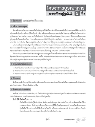 โครงการวัดและประเมินผลโครงการวัดและประเมินผล
โครงการบูรณาการแบบทดสอบ
1. ชื่อโครงการ เยาวชนอนุรักษสิ่งแวดลอม
2. หลักการและเหตุผล
สิ่งแวดลอมและทรัพยากรธรรมชาติเปนปจจัยพื้นฐานที่สําคัญในการดํารงชีวิตของมนุษย เมื่อประชากรมนุษยมีจํานวนเพิ่มขึ้น
อยางรวดเร็ว ยอมมีความตองการใชประโยชนจากสิ่งแวดลอมและทรัพยากรธรรมชาติสูงขึ้น ซึ่งสถานการณปจจุบันทรัพยากรตางๆ
ถูกใชและถูกทําลายจนเกินความสามารถที่จะฟนตัวไดทัน จึงเปนเหตุใหสิ่งแวดลอมและทรัพยากรธรรมชาติเกิดความเสื่อมโทรมลง
อยางรวดเร็ว ในขณะเดียวกันผลจากการบริโภคของมนุษยก็ยังกอใหเกิดปญหามลพิษตางๆ ตามมามากมาย ไมวาจะเปนปญหา
นํ้าเนาเสีย อากาศเปนพิษ ปญหาขยะมูลฝอย เปนตน ซึ่งปญหาเหลานี้สงผลกระทบตอสุขภาพ และคุณภาพชีวิตของประชาชน
แตละทองถิ่นอาจประสบปญหาสิ่งแวดลอมและทรัพยากรธรรมชาติที่มีลักษณะแตกตางกันออกไป แตทุกปญหานั้นลวน
สงผลตอสิ่งมีชีวิตที่อาศัยอยูในบริเวณนั้นๆ และสงผลตอการดํารงชีวิตของประชาชน ดังนั้นการแกไขปญหาสิ่งแวดลอมและ
ทรัพยากรธรรมชาติจึงควรไดรับความรวมมือจากหลายฝาย ทั้งภาครัฐ ภาคเอกชน และทุกคนในชุมชน
การใหความรูเปนวิธีที่ทําใหประชาชนมีความรูความเขาใจถึงปญหาที่อาจเกิดขึ้นจากการใชทรัพยากรธรรมชาติอยางไมเหมาะสม
ซึ่งจะสงผลใหเกิดการสูญเสียทรัพยากรธรรมชาติ ดังนั้น หากตองการรักษาทรัพยากรธรรมชาติใหคงอยูอยางยั่งยืน จะตองมีการ
ใหความรูอยางถูกตอง เพื่อใหสามารถดําเนินการอนุรักษไดอยางถูกวิธี
3. วัตถุประสงคของโครงการ
1. เพื่อใหนักเรียนสามารถวิเคราะหสภาพปญหาสิ่งแวดลอมและทรัพยากรธรรมชาติในทองถิ่นได
2. เพื่อใหนักเรียนสามารถเสนอแนวทางการแกไขปญหาสิ่งแวดลอมและทรัพยากรธรรมชาติในทองถิ่นได
3. เพื่อใหนักเรียนมีสวนรวมในการดูแลและอนุรักษสิ่งแวดลอมและทรัพยากรธรรมชาติในทองถิ่นไดอยางยั่งยืน
4. เปาหมาย
นักเรียนตระหนักถึงความสําคัญของสิ่งแวดลอมและทรัพยากรธรรมชาติ รวมทั้งมีสวนรวมในการดูแลและอนุรักษสิ่งแวดลอม
และทรัพยากรธรรมชาติในทองถิ่นไดอยางยั่งยืน
5. ขั้นตอนการจัดกิจกรรม
คําชี้แจง ใหนักเรียนแบงกลุมเทาๆ กัน โดยใหแตละกลุมไปศึกษาถึงสภาพปญหาสิ่งแวดลอมและทรัพยากรธรรมชาติ
ในทองถิ่นของตนเอง รวมทั้งเสนอแนะวิธีการในการแกไขปญหานั้นๆ
ขั้นที่ 1 ตั้งประเด็นคําถาม
เปนขั้นที่ฝกใหนักเรียนรูจักคิด สังเกต ตั้งคําถามอยางมีเหตุผล มีความคิดสรางสรรค และมีความเปนไปไดใน
การแสวงหาคําตอบ ดังนั้น ครูควรมีบทบาทในการกระตุนใหนักเรียนเกิดความอยากรู อยากเห็น กลาแสดงความ
คิดเห็นดวยวิธีการตางๆ เชน ใหนักเรียนรวมกันอภิปรายถึงเหตุการณ สถานการณ ปรากฏการณตางๆ เกี่ยวกับ
สิ่งแวดลอมและทรัพยากรธรรมชาติ โดยครูตั้งคําถามเปนตัวอยาง เชน
1. ชื่อโครงการ เยาวชนอนุรักษสิ่งแวดลอม
2. หลักการและเหตุผล
3. วัตถุประสงคของโครงการ
4. เปาหมาย
5. ขั้นตอนการจัดกิจกรรม
1
โครงการบูรณาการ
การเร�ยนรูสูบันได 5 ขั้น
(37)
 