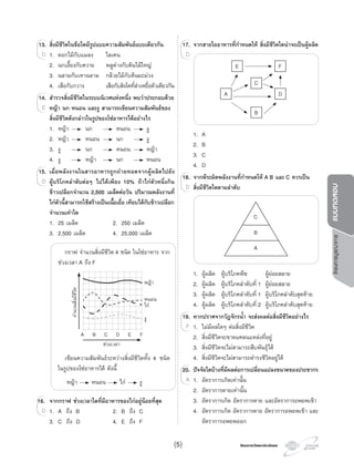 จํานวนสิ่งมีชีวิต
A B C D E F
งู
ไก
หนอน
หญา
ชวงเวลา
โครงการวัดและประเมินผลโครงการวัดและประเมินผล
โครงการบูรณาการแบบทดสอบ
13. สิ่งมีชีวิตในขอใดมีรูปแบบความสัมพันธแบบเดียวกัน
1. ดอกไมกับแมลง ไลเคน
2. นกเอี้ยงกับควาย พลูดางกับตนไมใหญ
3. ฉลามกับเหาฉลาม กลวยไมกับตนมะมวง
4. เสือกับกวาง เสือกับสิงโตที่ลาเหยื่อตัวเดียวกัน
14. สํารวจสิ่งมีชีวิตในระบบนิเวศแหงหนึ่ง พบวาประกอบดวย
หญา นก หนอน และงู สามารถเขียนความสัมพันธของ
สิ่งมีชีวิตดังกลาวในรูปของโซอาหารไดอยางไร
1. หญา นก หนอน งู
2. หญา หนอน นก งู
3. งู นก หนอน หญา
4. งู หญา นก หนอน
15. เมื่อพลังงานในสารอาหารถูกถายทอดจากผูผลิตไปยัง
ผูบริโภคลําดับตอๆ ไปไดเพียง 10% ถาไกตัวหนึ่งกิน
ขาวเปลือกจํานวน 2,500 เมล็ดตอวัน ปริมาณพลังงานที่
ไกตัวนี้สามารถใชสรางเปนเนื้อเยื่อ เทียบไดกับขาวเปลือก
จํานวนเทาใด
1. 25 เมล็ด 2. 250 เมล็ด
3. 2,500 เมล็ด 4. 25,000 เมล็ด
กราฟ จํานวนสิ่งมีชีวิต 4 ชนิด ในโซอาหาร จาก
ชวงเวลา A ถึง F
เขียนความสัมพันธระหวางสิ่งมีชีวิตทั้ง 4 ชนิด
ในรูปของโซอาหารได ดังนี้
หญา หนอน ไก งู
16. จากกราฟ ชวงเวลาใดที่มีอาหารของไกอยูนอยที่สุด
1. A ถึง B 2. B ถึง C
3. C ถึง D 4. E ถึง F
13.13. สิ่งมีชีวิตในขอใดมีรูปแบบความสัมพันธแบบเดียวกัน
1. ดอกไมกับแมลง ไลเคนD
14.14. สํารวจสิ่งมีชีวิตในระบบนิเวศแหงหนึ่ง พบวาประกอบดวย
หญา นก หนอน และงู สามารถเขียนความสัมพันธของE
15.15. เมื่อพลังงานในสารอาหารถูกถายทอดจากผูผลิตไปยัง
ผูบริโภคลําดับตอๆ ไปไดเพียง 10% ถาไกตัวหนึ่งกินD
16.16. จากกราฟ ชวงเวลาใดที่มีอาหารของไกอยูนอยที่สุด
1. A ถึง B 2. B ถึง CD
17. จากสายใยอาหารที่กําหนดให สิ่งมีชีวิตใดนาจะเปนผูผลิต
1. A
2. B
3. C
4. D
18. จากพีระมิดพลังงานที่กําหนดให A B และ C ควรเปน
สิ่งมีชีวิตใดตามลําดับ
1. ผูผลิต ผูบริโภคพืช ผูยอยสลาย
2. ผูผลิต ผูบริโภคลําดับที่ 1 ผูยอยสลาย
3. ผูผลิต ผูบริโภคลําดับที่ 1 ผูบริโภคลําดับสุดทาย
4. ผูผลิต ผูบริโภคลําดับที่ 2 ผูบริโภคลําดับสุดทาย
19. หากปราศจากวัฏจักรนํ้า จะสงผลตอสิ่งมีชีวิตอยางไร
1. ไมมีผลใดๆ ตอสิ่งมีชีวิต
2. สิ่งมีชีวิตจะขาดแคลนแหลงที่อยู
3. สิ่งมีชีวิตจะไมสามารถสืบพันธุได
4. สิ่งมีชีวิตจะไมสามารถดํารงชีวิตอยูได
20. ปจจัยใดบางที่มีผลตอการเปลี่ยนแปลงขนาดของประชากร
1. อัตราการเกิดเทานั้น
2. อัตราการตายเทานั้น
3. อัตราการเกิด อัตราการตาย และอัตราการอพยพเขา
4. อัตราการเกิด อัตราการตาย อัตราการอพยพเขา และ
อัตราการอพยพออก
17.17. จากสายใยอาหารที่กําหนดให สิ่งมีชีวิตใดนาจะเปนผูผลิต
D
18.18. จากพีระมิดพลังงานที่กําหนดให A B และ C ควรเปน
สิ่งมีชีวิตใดตามลําดับD
19.19. หากปราศจากวัฏจักรนํ้า จะสงผลตอสิ่งมีชีวิตอยางไร
1. ไมมีผลใดๆ ตอสิ่งมีชีวิตF
20.20. ปจจัยใดบางที่มีผลตอการเปลี่ยนแปลงขนาดของประชากร
1. อัตราการเกิดเทานั้นA
E
A D
C
B
F
C
B
A
(5)
 