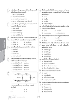 โครงการวัดและประเมินผลโครงการวัดและประเมินผล
โครงการบูรณาการแบบทดสอบ
8. เหตุใดเมื่อเราขวางลูกบอลออกไปขางหนา ลูกบอลจึง
เคลื่อนที่ในแนวโคงแลวตกลงพื้น
1. เพราะผิวโลกเปนเสนโคง
2. เพราะแรงโนมถวงของโลก
3. เพราะแรงตานทานของอากาศ
4. เพราะการเห็นภาพของตาคนเราผิดปกติ
9. พลังงานที่สะสมอยูในนํ้าที่อยูในเขื่อนเพื่อนํามาใชผลิต
กระแสไฟฟาเปนพลังงานชนิดใด
1. พลังงานจลน
2. พลังงานศักยไฟฟา
3. พลังงานศักยยืดหยุน
4. พลังงานศักยโนมถวง
10. รถยนตคันหนึ่งมีมวล1 ตัน แลนไปบนถนนดวยความเร็ว
10 เมตรตอวินาที จงหาพลังงานจลนของรถยนตคันนี้
1. 10,000 จูล 2. 30,000 จูล
3. 50,000 จูล 4. 70,000 จูล
11. อุปกรณใดจะตองตอแบบอนุกรมเขากับวงจรเทานั้น
1. แอมมิเตอร
2. โวลตมิเตอร
3. โอหมมิเตอร
4. แกลวานอมิเตอร
12. ลวดตัวนําชนิดเดียวกันที่มีความยาวเทากัน ลวดตัวนํา
ในขอใดมีความตานทานนอยที่สุด
1. ลวดที่มีพื้นที่หนาตัด 2 เซนติเมตร
2. ลวดที่มีพื้นที่หนาตัด 4 เซนติเมตร
3. ลวดที่มีพื้นที่หนาตัด 6 เซนติเมตร
4. ลวดที่มีพื้นที่หนาตัด 8 เซนติเมตร
13.
จากภาพ ความตานทานรวมระหวางจุด A และ B
มีคากี่โอหม
1. 2 2. 4
3. 6 4. 8
8.
D
9.
A
10.
C
1. แอมมิเตอร
11.
1. แอมมิเตอรA 1. แอมมิเตอรA 1. แอมมิเตอร
12.
B
13.
C
14. ถาเพิ่มความตางศักยไฟฟาในวงจร และลดความตานทาน
ของลวดตัวนําในวงจร กระแสไฟฟาใหมที่ไหลในวงจรจะมี
คาเปนอยางไร
1. ลดลง
2. เพิ่มขึ้น
3. เทาเดิม
4. ไมสามารถสรุปได
15. เครื่องใชไฟฟาชนิดใดสิ้นเปลืองพลังงานไฟฟามากที่สุด
เมื่อใชในระยะเวลาที่เทากัน
1. เตารีด 2. โทรทัศน
3. หลอดตะเกียบ 4. พัดลมดูดอากาศ
16. สะพานไฟมีหลักการทํางานเหมือนกับอุปกรณไฟฟาในขอใด
1. ฟวส 2. สวิตช
3. เตารับ 4. เตาเสียบ
17. ถาใชพัดลมขนาด 100 วัตต เปนเวลา 20 นาที เตารีด
ขนาด 1,000 วัตต เปนเวลา 45 นาที จะสิ้นเปลือง
พลังงานไฟฟาเทาไร
1. 1,930 กิโลจูล
2. 2,120 กิโลจูล
3. 2,820 กิโลจูล
4. 3,100 กิโลจูล
18. สายไฟที่ดีควรมีลักษณะเปนอยางไร
1. นําความรอนไดดี
2. ความตานทานไฟฟาตํ่า
3. มีขนาดเล็กและนํ้าหนักเบา
4. มีขนาดใหญเพื่อนําไฟฟาไดมาก
19. ขอใดไมใชองคประกอบของวงจรไฟฟา
1. สายไฟ
2. อุปกรณไฟฟา
3. เครื่องวัดกระแสไฟฟา
4. แหลงจายพลังงานไฟฟา
20. การตอวงจรไฟฟาแบบใดทําใหความตานทานรวมมีคาลดลง
1. ตอแบบขนาน
2. ตอแบบอนุกรม
3. ตอแบบวงจรปด
4. ตอแบบวงจรเปด
14.
E
15.
A
1. ฟวส 2. สวิตช
16.
1. ฟวส 2. สวิตชB 1. ฟวส 2. สวิตชB 1. ฟวส 2. สวิตช
17.
C
1. นําความรอนไดดี
18.
1. นําความรอนไดดีA 1. นําความรอนไดดีA 1. นําความรอนไดดี
1. สายไฟ
19.
1. สายไฟA 1. สายไฟA 1. สายไฟ
1. ตอแบบขนาน
20.
1. ตอแบบขนานB 1. ตอแบบขนานB 1. ตอแบบขนาน
A
B
R1
= 2Ω R2
= 2Ω
R3
= 2ΩR5
= 3Ω
R6
= 2Ω R4
= 2Ω
(14)
 