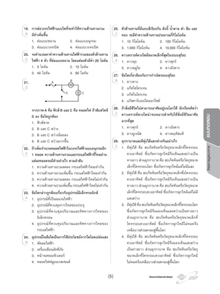 โครงการวัดและประเมินผลโครงการวัดและประเมินผล
โครงการบูรณาการแบบทดสอบ
19. การตอวงจรไฟฟาแบบใดที่จะทําใหความตานทานรวม
มีคาเพิ่มขึ้น
1. ตอแบบขนาน 2. ตอแบบอนุกรม
3. ตอแบบวงจรปด 4. ตอแบบวงจรเปด
20. จงคํานวณหาคาความตานทานไฟฟารวมของตัวตานทาน
ไฟฟา 4 ตัว ที่ตอแบบขนาน โดยแตละตัวมีคา 20 โอหม
1. 5 โอหม 2. 10 โอหม
3. 40 โอหม 4. 80 โอหม
21.
จากภาพA คือ ฟวสB และC คือ หลอดไฟ ถาสับสวิตช
S ลง ขอใดถูกตอง
1. ฟวสขาด
2. B และ C สวาง
3. B และ C สวางนอยลง
4. B และ C สวางมากขึ้น
22. ถาเพิ่มจํานวนหลอดไฟฟาในวงจรไฟฟาแบบอนุกรมอีก
1 หลอด ความตานทานรวมและกระแสไฟฟาที่ไหลผาน
แตละหลอดจะมีคาอยางไร ตามลําดับ
1. ความตานทานรวมลดลง กระแสไฟฟาไหลเทากัน
2. ความตานทานรวมเพิ่มขึ้น กระแสไฟฟาไหลเทากัน
3. ความตานทานรวมลดลง กระแสไฟฟาไหลไมเทากัน
4. ความตานทานรวมเพิ่มขึ้น กระแสไฟฟาไหลไมเทากัน
23. ขอใดกลาวถูกตองเกี่ยวกับอุปกรณอิเล็กทรอนิกส
1. อุปกรณที่เปนฉนวนไฟฟา
2. อุปกรณที่ควบคุมการไหลของประจุ
3. อุปกรณที่ควบคุมปริมาณและทิศทางการไหลของ
อิเล็กตรอน
4. อุปกรณที่ควบคุมปริมาณและทิศทางการไหลของ
กระแสไฟฟา
24. อุปกรณในขอใดเปนการใชประโยชนจากไดโอดเปลงแสง
1. พัดลมไฟฟา
2. เครื่องเตือนอัคคีภัย
3. หนาจอคอมพิวเตอร
4. หลอดไฟฟลูออเรสเซนต
19.
B
20.
C
21.
D
22.
E
1. อุปกรณที่เปนฉนวนไฟฟา
23.
1. อุปกรณที่เปนฉนวนไฟฟา1. อุปกรณที่เปนฉนวนไฟฟาA 1. อุปกรณที่เปนฉนวนไฟฟา
1. พัดลมไฟฟา
24.
1. พัดลมไฟฟาB 1. พัดลมไฟฟาB 1. พัดลมไฟฟา
25. ตัวตานทานที่มีแถบสีเรียงกัน ดังนี้ นํ้าตาล ดํา สม และ
ทอง จะมีคาความตานทานประมาณกี่กิโลโอหม
1. 10 กิโลโอหม 2. 100 กิโลโอหม
3. 1,000 กิโลโอหม 4. 10,000 กิโลโอหม
26. ดาวเคราะหดวงใดมีขนาดเล็กที่สุดในระบบสุริยะ
1. ดาวพุธ 2. ดาวศุกร
3. ดาวพลูโต 4. ดาวอังคาร
27. ขอใดเกี่ยวของกับการกําเนิดระบบสุริยะ
1. ดาวหาง
2. แกสไฮโดรเจน
3. แกสไนโตรเจน
4. แกสคารบอนไดออกไซด
28. ถาสิ่งมีชีวิตไมสามารถอาศัยอยูบนโลกได นักเรียนคิดวา
ดาวเคราะหดวงใดนาจะเหมาะสําหรับใหสิ่งมีชีวิตอาศัย
มากที่สุด
1. ดาวศุกร 2. ดาวอังคาร
3. ดาวยูเรนัส 4. ดาวพฤหัสบดี
29. อุกกาบาตและผีพุงไตแตกตางกันอยางไร
1. ผีพุงไต คือ สะเก็ดหินหรือวัตถุขนาดเล็กที่โคจรรอบ
ดวงอาทิตย ซึ่งเกิดการลุกไหมจึงเห็นแสงสวางเปน
ทางยาว สวนอุกกาบาต คือ สะเก็ดหินหรือวัตถุขนาด
เล็กที่โคจรรอบโลก ซึ่งเกิดการลุกไหมแตไมมีแสง
2. ผีพุงไต คือ สะเก็ดหินหรือวัตถุขนาดเล็กซึ่งโคจรรอบ
ดวงอาทิตย ซึ่งเกิดการลุกไหมจึงเห็นแสงสวางเปน
ทางยาว สวนอุกกาบาต คือ สะเก็ดหินหรือวัตถุขนาด
เล็กที่โคจรรอบดวงอาทิตย ซึ่งเกิดการลุกไหมแตไมมี
แสงสวาง
3. ผีพุงไตคือสะเก็ดหินหรือวัตถุขนาดเล็กที่โคจรรอบโลก
ซึ่งเกิดการลุกไหมจึงมองเห็นแสงสวางเปนทางยาว
สวนอุกกาบาต คือ สะเก็ดหินหรือวัตถุขนาดเล็กที่
โคจรรอบดวงอาทิตย ซึ่งเกิดการลุกไหมไมหมดจึง
เหลือบางสวนตกลงสูพื้นโลก
4. ผีพุงไต คือ สะเก็ดหินหรือวัตถุขนาดเล็กที่โคจรรอบ
ดวงอาทิตย ซึ่งเกิดการลุกไหมจึงมองเห็นแสงสวาง
เปนทางยาว สวนอุกกาบาต คือ สะเก็ดหินหรือวัตถุ
ขนาดเล็กที่โคจรรอบดวงอาทิตย ซึ่งเกิดการลุกไหม
ไมหมดจึงเหลือบางสวนตกลงสูพื้นโลก
25.
C
1. ดาวพุธ 2. ดาวศุกร
26.
1. ดาวพุธ 2. ดาวศุกรA 1. ดาวพุธ 2. ดาวศุกรA 1. ดาวพุธ 2. ดาวศุกร
1. ดาวหาง
27.
1. ดาวหางB 1. ดาวหางB 1. ดาวหาง
28.
C
1. ผีพุงไต คือ สะเก็ดหินหรือวัตถุขนาดเล็กที่โคจรรอบ
29.
1. ผีพุงไต คือ สะเก็ดหินหรือวัตถุขนาดเล็กที่โคจรรอบ1. ผีพุงไต คือ สะเก็ดหินหรือวัตถุขนาดเล็กที่โคจรรอบC 1. ผีพุงไต คือ สะเก็ดหินหรือวัตถุขนาดเล็กที่โคจรรอบ
A B
CS
(5)
 