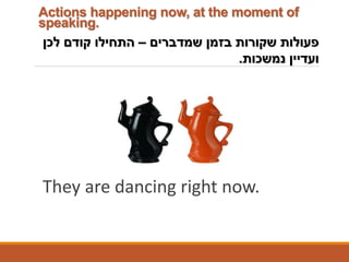 ACTIONS THAT ARE HAPPENING
AT PRESENT (1)
They are dancing right now.
‫שמדברים‬ ‫בזמן‬ ‫שקורות‬ ‫פעולות‬–‫לכן‬ ‫קודם‬ ‫התחילו‬
‫נמשכות‬ ‫ועדיין‬.
Actions happening now, at the moment of
speaking.
 