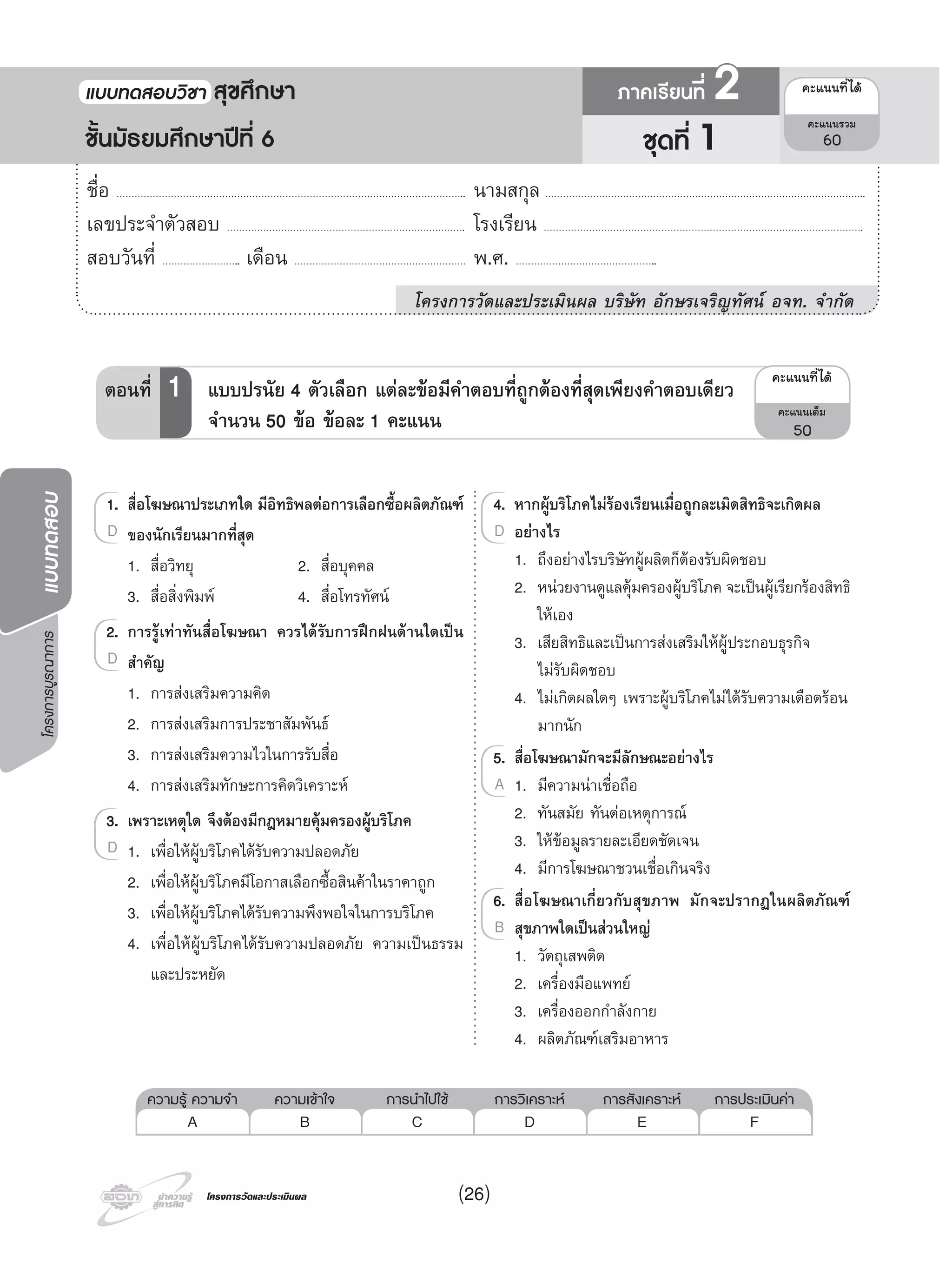 โครงการบูรณาการแบบทดสอบ
โครงการวัดและประเมินผลโครงการวัดและประเมินผล
4. หากผูบริโภคไมรองเรียนเมื่อถูกละเมิดสิทธิจะเกิดผล
อยางไร
1. ถึงอยางไรบริษัทผูผลิตก็ตองรับผิดชอบ
2. หนวยงานดูแลคุมครองผูบริโภค จะเปนผูเรียกรองสิทธิ
ใหเอง
3. เสียสิทธิและเปนการสงเสริมใหผูประกอบธุรกิจ
ไมรับผิดชอบ
4. ไมเกิดผลใดๆ เพราะผูบริโภคไมไดรับความเดือดรอน
มากนัก
5. สื่อโฆษณามักจะมีลักษณะอยางไร
1. มีความนาเชื่อถือ
2. ทันสมัย ทันตอเหตุการณ
3. ใหขอมูลรายละเอียดชัดเจน
4. มีการโฆษณาชวนเชื่อเกินจริง
6. สื่อโฆษณาเกี่ยวกับสุขภาพ มักจะปรากฏในผลิตภัณฑ
สุขภาพใดเปนสวนใหญ
1. วัตถุเสพติด
2. เครื่องมือแพทย
3. เครื่องออกกําลังกาย
4. ผลิตภัณฑเสริมอาหาร
4.4. หากผูบริโภคไมรองเรียนเมื่อถูกละเมิดสิทธิจะเกิดผล
อยางไรD
5.5. สื่อโฆษณามักจะมีลักษณะอยางไร
1. มีความนาเชื่อถือA
6.6. สื่อโฆษณาเกี่ยวกับสุขภาพ มักจะปรากฏในผลิตภัณฑ
สุขภาพใดเปนสวนใหญB
1. สื่อโฆษณาประเภทใด มีอิทธิพลตอการเลือกซื้อผลิตภัณฑ
ของนักเรียนมากที่สุด
1. สื่อวิทยุ 2. สื่อบุคคล
3. สื่อสิ่งพิมพ 4. สื่อโทรทัศน
2. การรูเทาทันสื่อโฆษณา ควรไดรับการฝกฝนดานใดเปน
สําคัญ
1. การสงเสริมความคิด
2. การสงเสริมการประชาสัมพันธ
3. การสงเสริมความไวในการรับสื่อ
4. การสงเสริมทักษะการคิดวิเคราะห
3. เพราะเหตุใด จึงตองมีกฎหมายคุมครองผูบริโภค
1. เพื่อใหผูบริโภคไดรับความปลอดภัย
2. เพื่อใหผูบริโภคมีโอกาสเลือกซื้อสินคาในราคาถูก
3. เพื่อใหผูบริโภคไดรับความพึงพอใจในการบริโภค
4. เพื่อใหผูบริโภคไดรับความปลอดภัย ความเปนธรรม
และประหยัด
1.1. สื่อโฆษณาประเภทใด มีอิทธิพลตอการเลือกซื้อผลิตภัณฑ
ของนักเรียนมากที่สุดD
2.2. การรูเทาทันสื่อโฆษณา ควรไดรับการฝกฝนดานใดเปน
สําคัญD
3.3. เพราะเหตุใด จึงตองมีกฎหมายคุมครองผูบริโภค
1. เพื่อใหผูบริโภคไดรับความปลอดภัยD
ความรู ความจํา ความเขาใจ การนําไปใช การวิเคราะห การสังเคราะห การประเมินคา
A B C D E F
ชื่อ …………………………………………………………………………………………………….. นามสกุล ……………………………………………………………………………………………..
เลขประจําตัวสอบ ……………………………………………………………………. โรงเรียน …………………………………………………………………………………………….
สอบวันที่ …………………….. เดือน ………………………………………………… พ.ศ. ………………………………………..
โครงการวัดและประเมินผล บริษัท อักษรเจริญทัศน อจท. จํากัด
ชุดที่ 1
แบบทดสอบว�ชา สุขศึกษา ภาคเร�ยนที่ 2
ชั้นมัธยมศึกษาปที่ 6
¤Ðá¹¹·Õèä´Œ
¤Ðá¹¹ÃÇÁ
60
¤Ðá¹¹·Õèä´Œ
¤Ðá¹¹àµçÁ
50
ตอนที่ 1 แบบปรนัย 4 ตัวเลือก แตละขอมีคําตอบที่ถูกตองที่สุดเพียงคําตอบเดียว
จํานวน 50 ขอ ขอละ 1 คะแนน
(26)
 