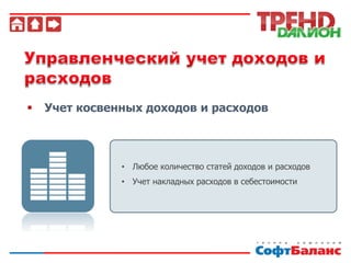  Учет косвенных доходов и расходов
• Любое количество статей доходов и расходов
• Учет накладных расходов в себестоимости
 