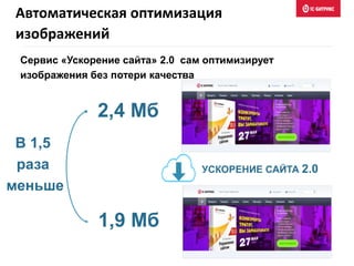 Автоматическая оптимизация
изображений
УСКОРЕНИЕ САЙТА 2.0
Сервис «Ускорение сайта» 2.0 сам оптимизирует
изображения без потери качества
2,4 Мб
1,9 Мб
В 1,5
раза
меньше
 