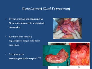 Προφυλακτική Ολική Γαστρεκτομή
• Εντερο-εντερική αναστόμωση στα
50 εκ για να αποφευχθεί η αλκαλική
οισοφαγίτις
• Κεντρικό όριο εκτομής
περιλαμβάνει τμήμα κατώτερου
οισοφάγου
• Διατήρηση των
πνευμονογαστρικών νεύρων????
 