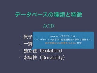 データベースの種類と特徴
ACID
• 原子性（Atomicity）
• 一貫性（Consistency）
• 独立性（Isolation）
• 永続性（Durability）
Isolation（独立性）とは、
トランザクション実行中の処理過程が外部から隠 され、
他の処理などに影響を与えない性質
 