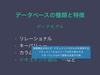 データベースの種類と特徴
データモデル
• リレーショナル
• キーバリュー
• カラム指向
• ドキュメント指向 …など
階層構造を持たず、ドキュメントそのものを保持する
ドキュメントにはユニークなIDが振られる
スキーマレスなので柔軟な変更が可能
 