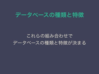 データベースの種類と特徴
これらの組み合わせで
データベースの種類と特徴が決まる
 