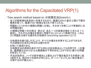 Algorithms for the Capacitated VRP(1)
? Tree search method based on ֦޶(branch-)
? ȫƤνaϵĤВΤǡm줿ޤޤ
ʹäơmǤʤaϤޤȤƒΤƤ롣
? }򤤤ĤСҎģʆ}˷ָȫƤ⤯ȤǵȁĤԪ
Ά}⤯
? СҎģʆ}ؤηָϣУ 1 ĤΉ΂ 0 ޤ 1 
̶줾ΈϤ򂀄e˿줹뤳ȤˤäƌgFǤ. Τ
ˆ}ָ֦branching operationȤ
? ֦R귵ФȤǣ٤ƤΈϤВ뤳ȤǤ뤬
^̤ľȺФľ
? äƱFǤ룮
֦޶̽;ФǴФнƽⷨȤƤäǤΈ
ϣmϷ֤ʤȤm½֪뤳ȤǤ루С}
򁢶Ƥ룩
? ַ΄ʤϡΩ`ɷָ־Aޤޤƶ־Aˏ
椹롣ȫƤͬʤ顢`Щ`åפʤּϤ
ָΤ褤
 