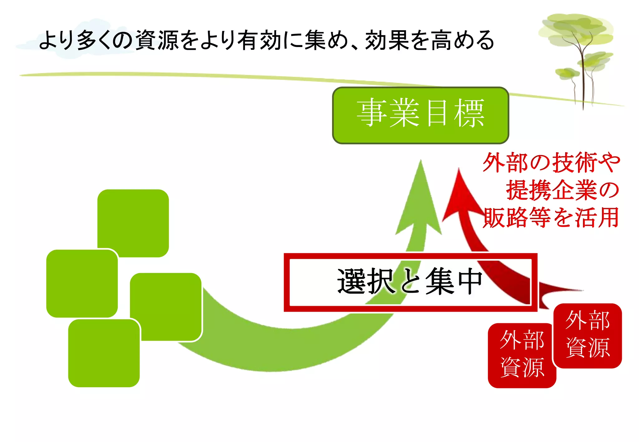 より多くの資源をより有効に集め、効果を高める
事業目標
外部
資源
外部
資源
選択と集中
外部の技術や
提携企業の
販路等を活用
 