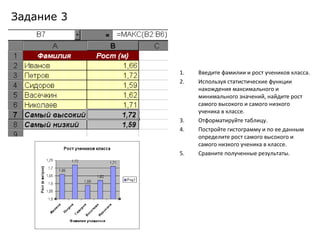 1. Введите фамилии и рост учеников класса.
2. Используя статистические функции
нахождения максимального и
минимального значений, найдите рост
самого высокого и самого низкого
ученика в классе.
3. Отформатируйте таблицу.
4. Постройте гистограмму и по ее данным
определите рост самого высокого и
самого низкого ученика в классе.
5. Сравните полученные результаты.
Задание 3
 