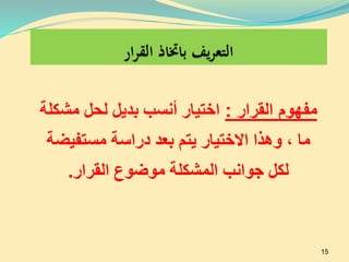 ‫القرار‬ ‫مفهوم‬:‫مشك‬ ‫لحل‬ ‫بديل‬ ‫أنسب‬ ‫اختيار‬‫لة‬
‫مستفيض‬ ‫دراسة‬ ‫بعد‬ ‫يتم‬ ‫االختيار‬ ‫وهذا‬ ، ‫ما‬‫ة‬
‫القرار‬ ‫موضوع‬ ‫المشكلة‬ ‫جوانب‬ ‫لكل‬.
15
 