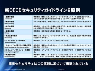 新OECDセキュリティガイドライン9原則
1 認識の原則
Awareness
参加者は、情報システム及びネットワークのセキュリティの 必要性並びにセキュ
リティを強化するために自分達にできる ことについて認識すべきである。
2 責任の原則
Responsibility
すべての参加者は、情報システム及びネットワークのセキュ リティに責任を負う。
3 対応の原則
Response
参加者は、セキュリティの事件に対する予防、検出及び対応 のために、時宜を得
たかつ協力的な方法で行動すべきである。
4 倫理の原則
Ethics
参加者は、他者の正当な利益を尊重するべきである。
5 民主主義の原則
Democracy
情報システム及びネットワークのセキュリティは、民主主義 社会の本質的な価値
に適合すべきである。
6 リスクアセスメントの原則
Risk assessment
参加者は、リスクアセスメントを行うべきである。
7 セキュリティの設計及び実装の原則
Security design and implementation
参加者は、情報システム及びネットワークの本質的な要素として セキュリティを
組み込むべきである。
8 セキュリティマネジメントの原則
Security management
参加者は、セキュリティマネジメントへの包括的アプロー チを採用するべきであ
る。
9 再評価の原則
Reassessment
参加者は、情報システム及びネットワークのセキュリティの レビュー及び再評価
を行い、セキュリティの方針、実践、手 段及び手続に適切な修正をすべきである。
2015/7/11Electronic Service Initiative, Ltd. 117
http://www.ipa.go.jp/security/fy14/reports/oecd/handout.pdf
標準セキュリティはこの原則に基づいて構築されている
 